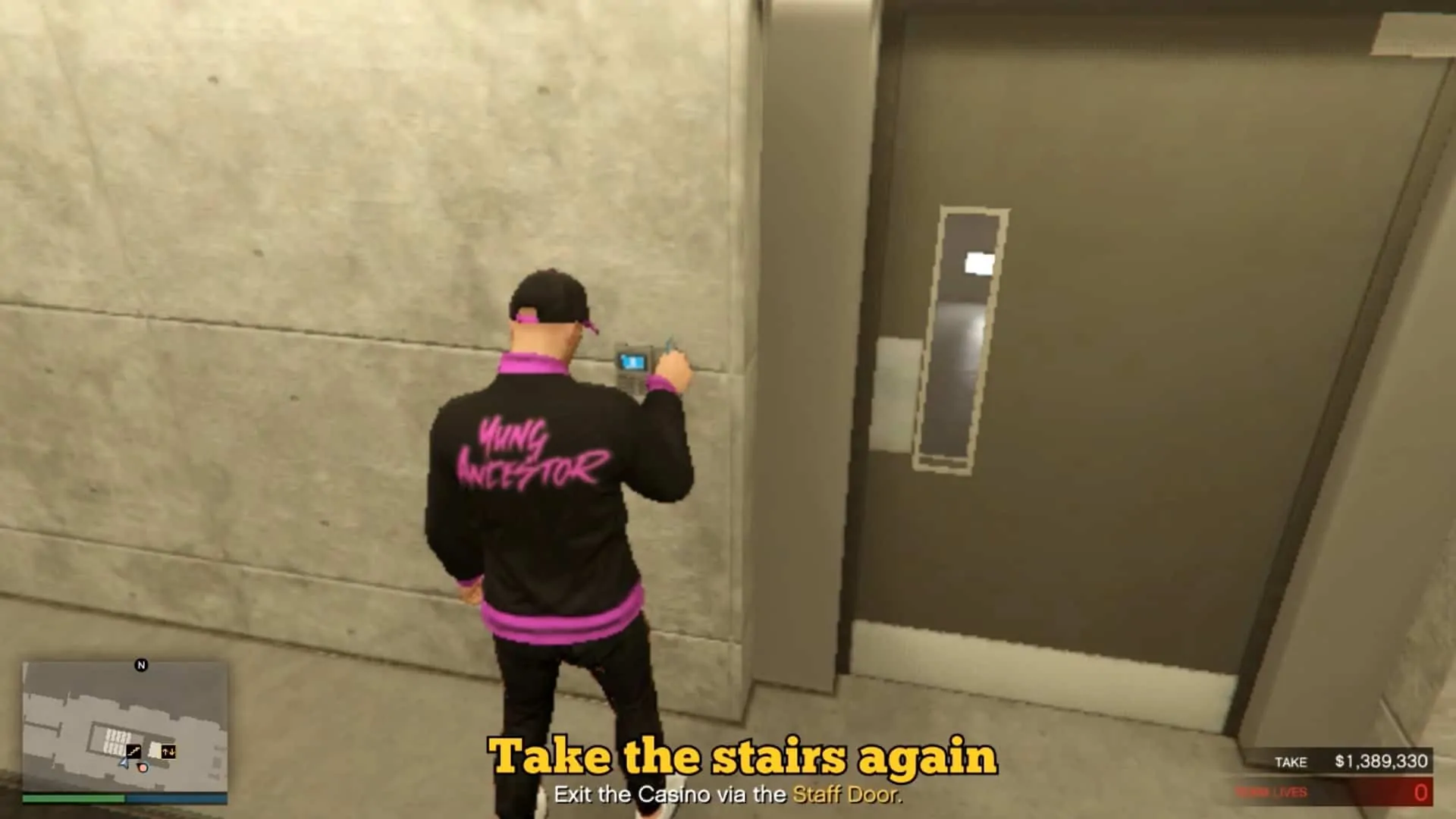 Swiping the keycard on the door leading to the stairs