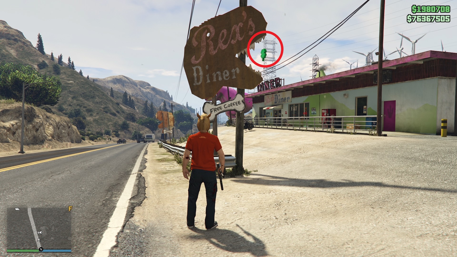 The lucky clover is hanging on the sign of Rex's Diner in Davis Quartz.