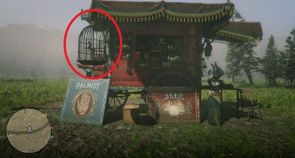 Madam Nazar's Caravan and the birds in the cage (circled in red) as seen in Red Dead Redemption 2