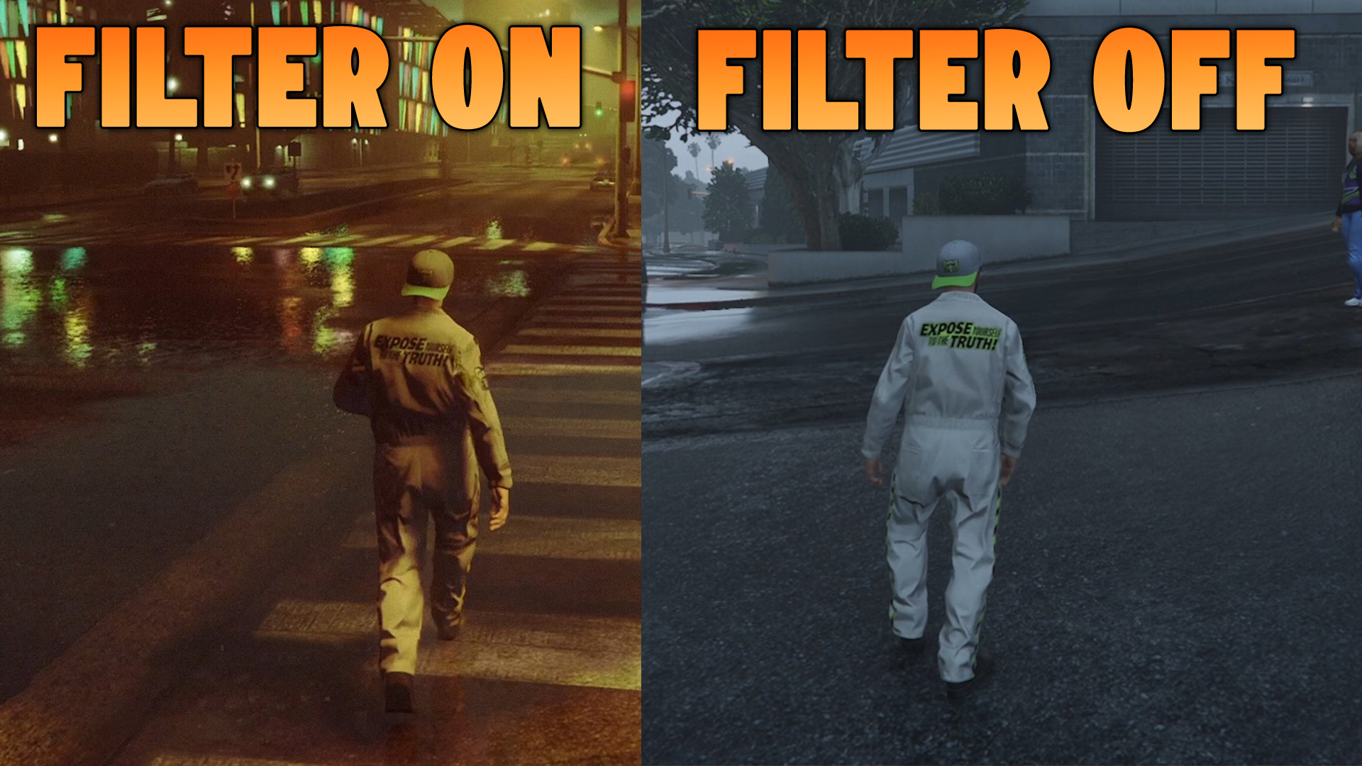 How it looks in GTA Online with the Halloween filter on and off.