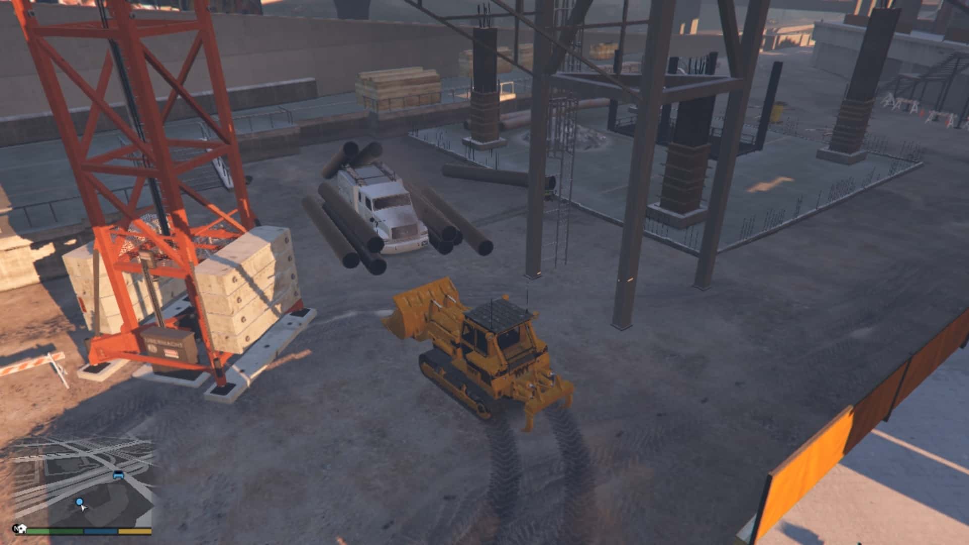 Smoke coming out of the front of the truck while it is stuck in between heavy metal pipes. The bulldozer being driver by the protagonist to help the driver escap