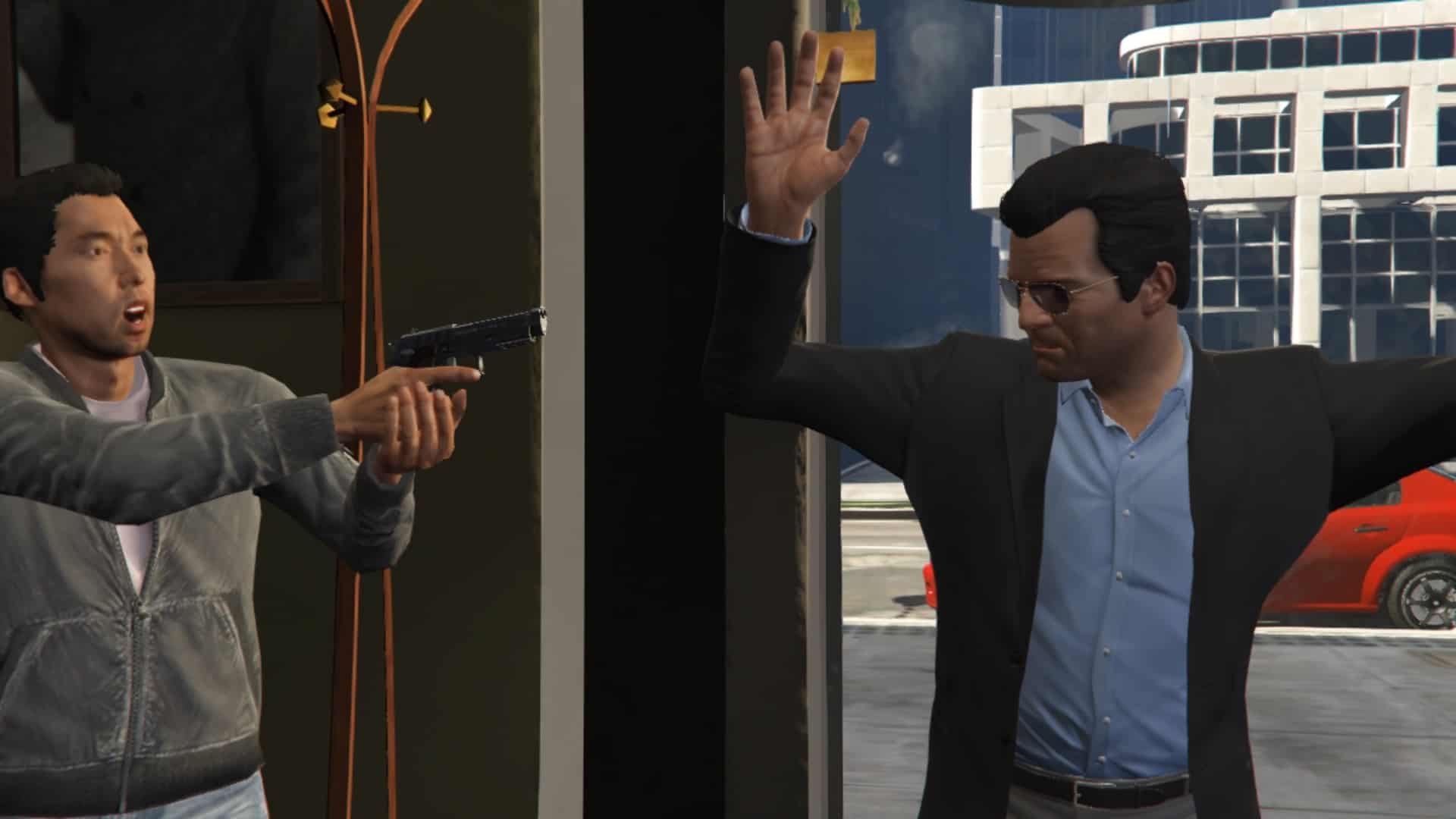 The Protagonist (Michael) held at gunpoint as you enter the shop