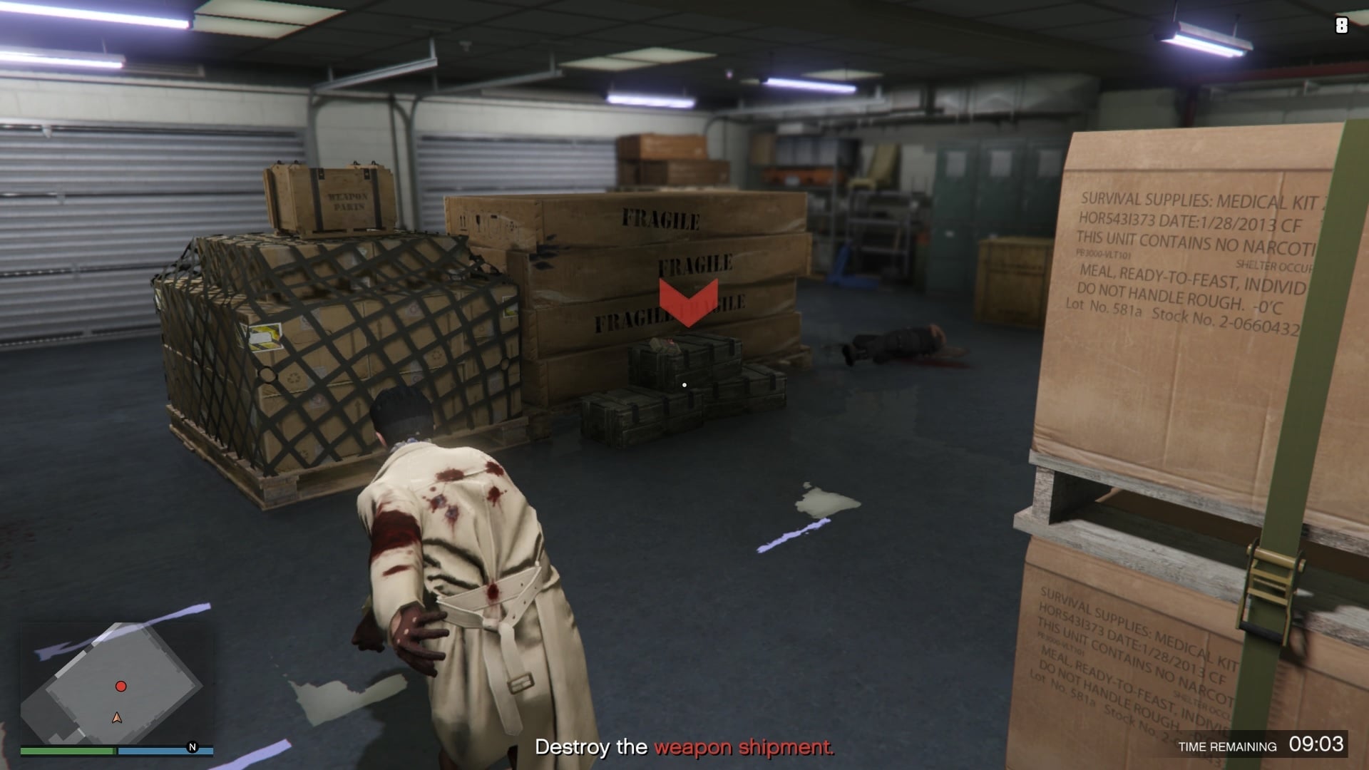 Using a sticky bomb to destroy the weapon shipment inside the lockup.