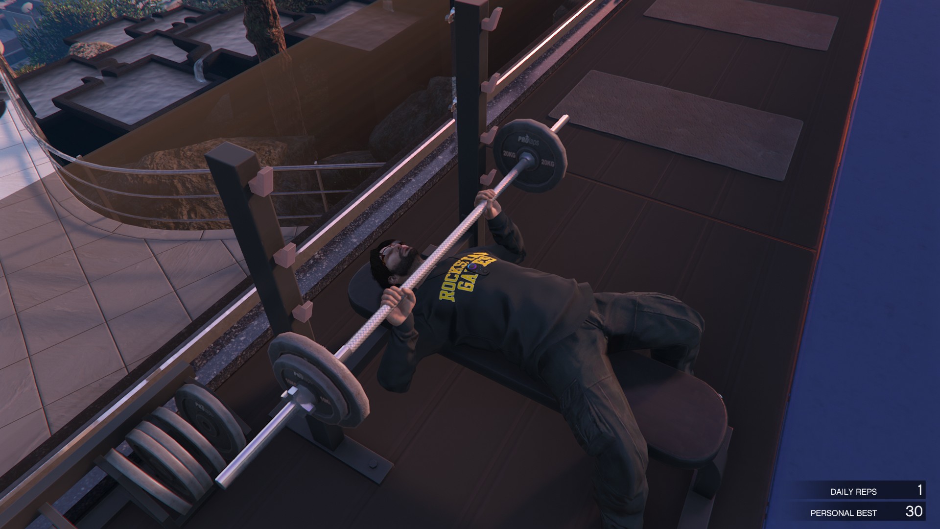 Using the gym equipment inside the mansion. You can also hide the gym equipment by going to the interaction menu while inside your mansion.