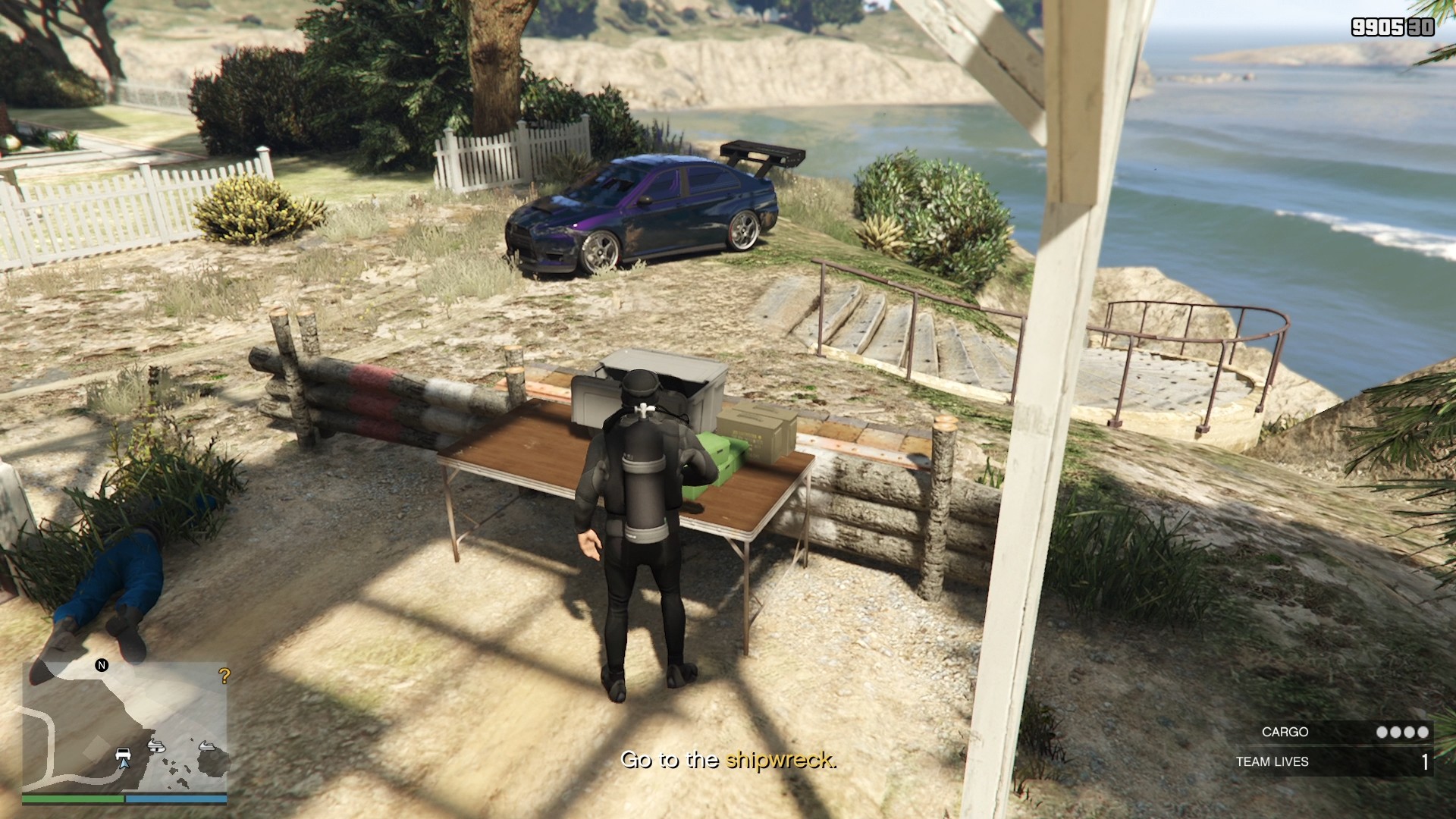 The scuba gear on the table.