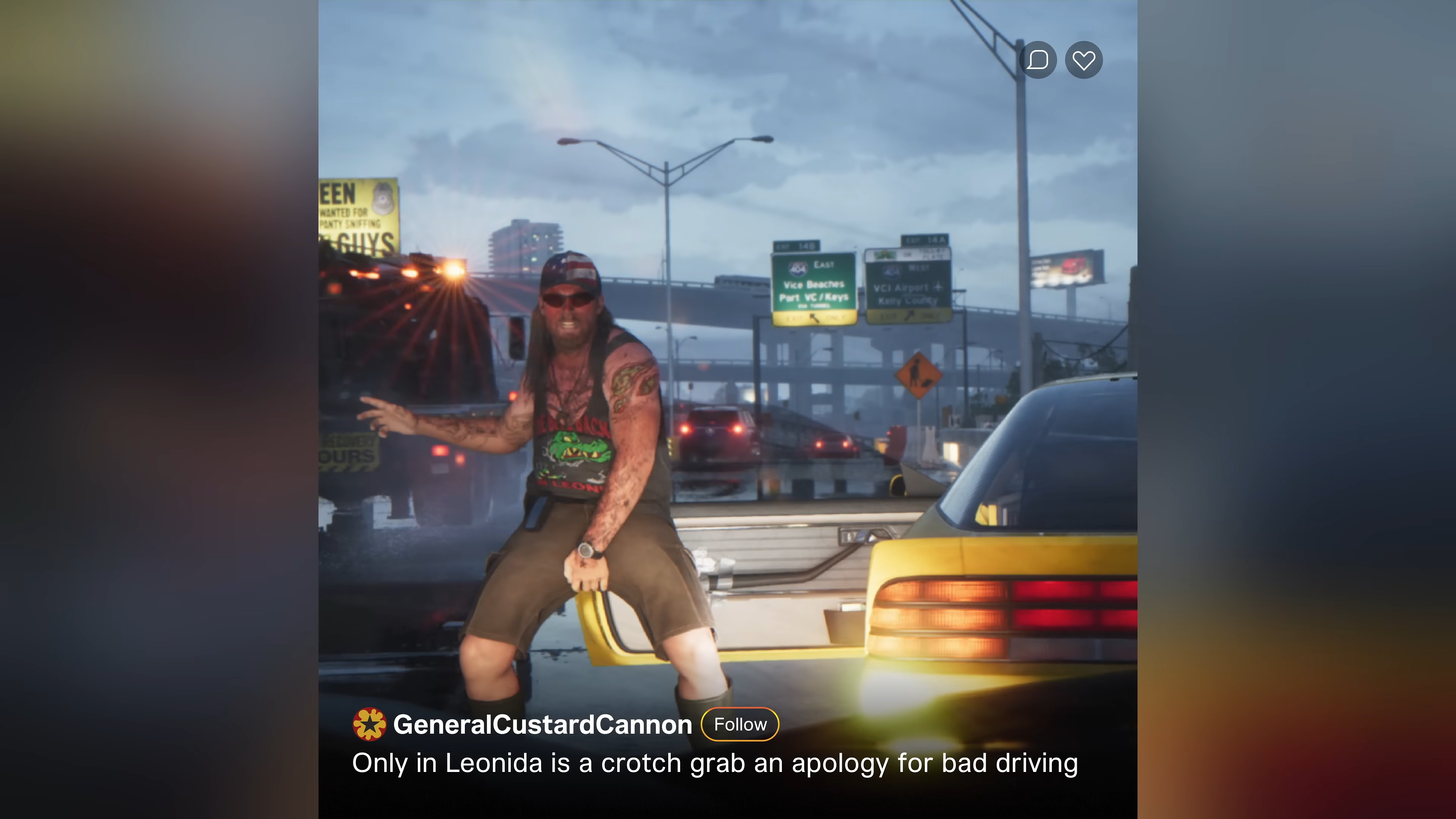 A "Leonida Man" is shown making an irrational "apology" for bad driving in the first Grand Theft Auto VI trailer.