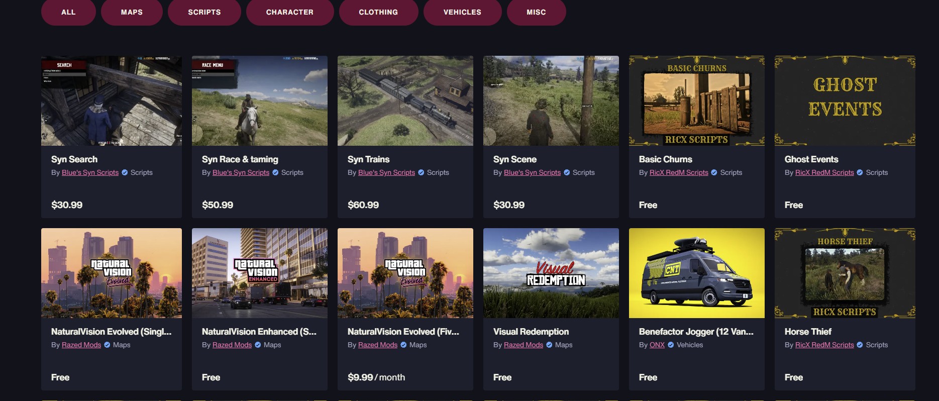 Cfx marketplace showing both paid and free mods for GTA 5 and Red Dead Redemption 2.
