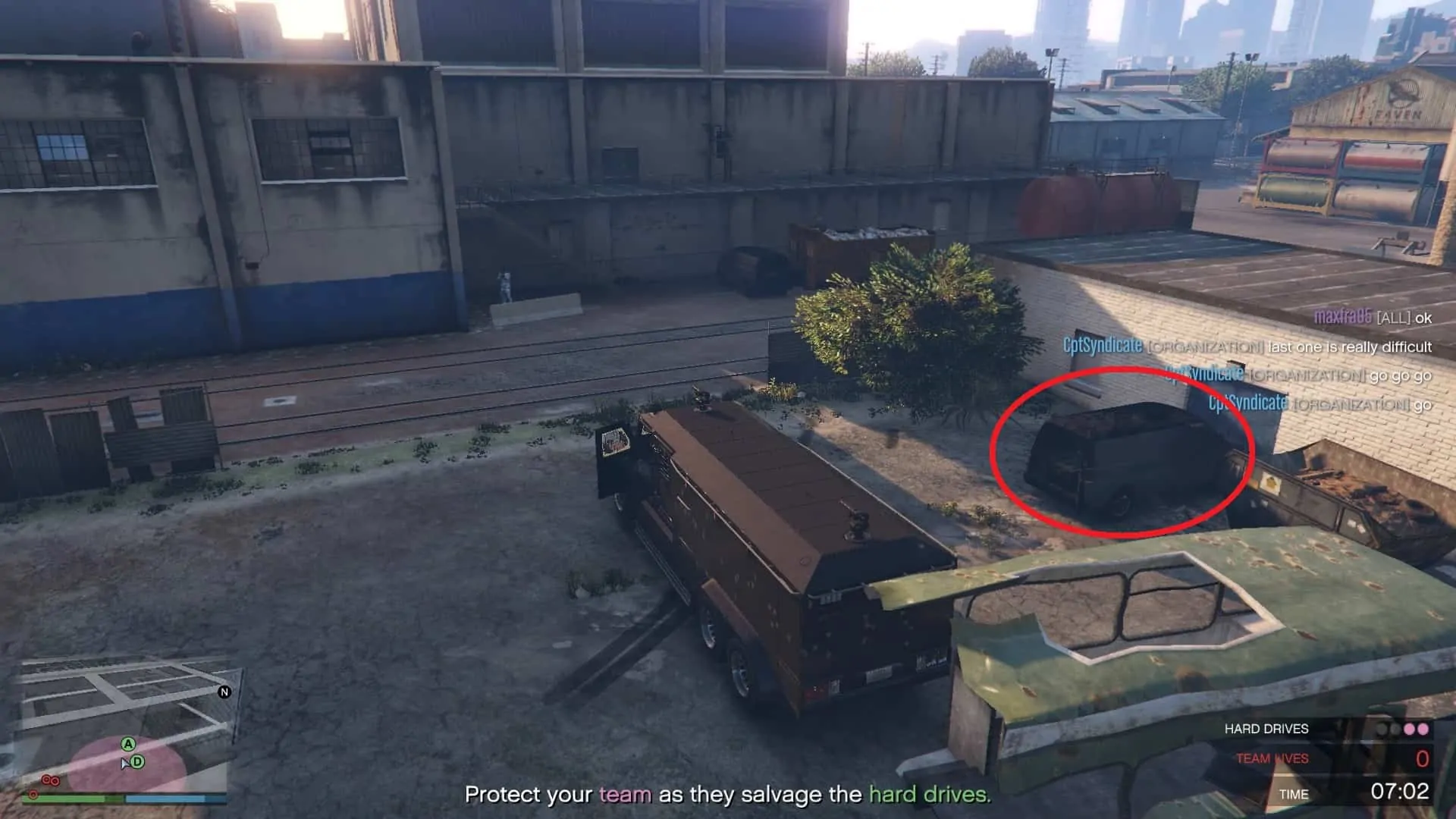 Parking the car perpendicular to the salvage point (circled in red) so that enemies cannot shoot from the left side. You will still need to help your friend a bit by covering him