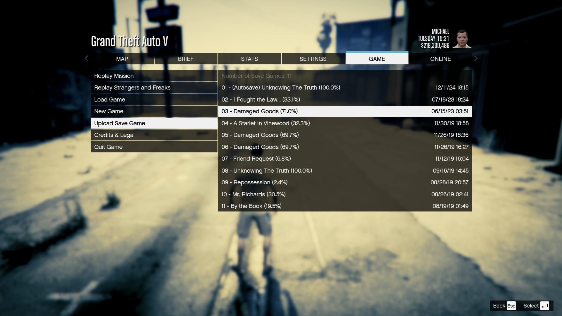 Upload save file option in the Legacy version of GTA 5.