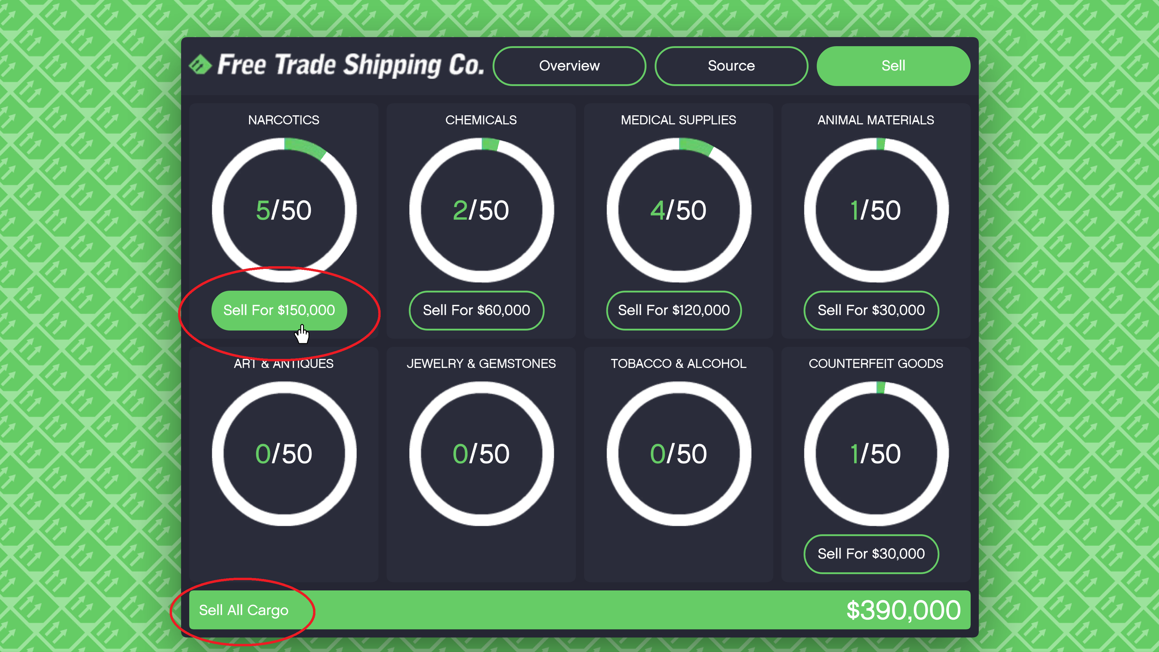 You can either sell one product type or all available cargo. It can be used in your favor to rotate between two cargo types and get 25 of each (for example, Narcotics and Chemicals), and sell all (50 crates in total) to maximize your profits and work optimally.