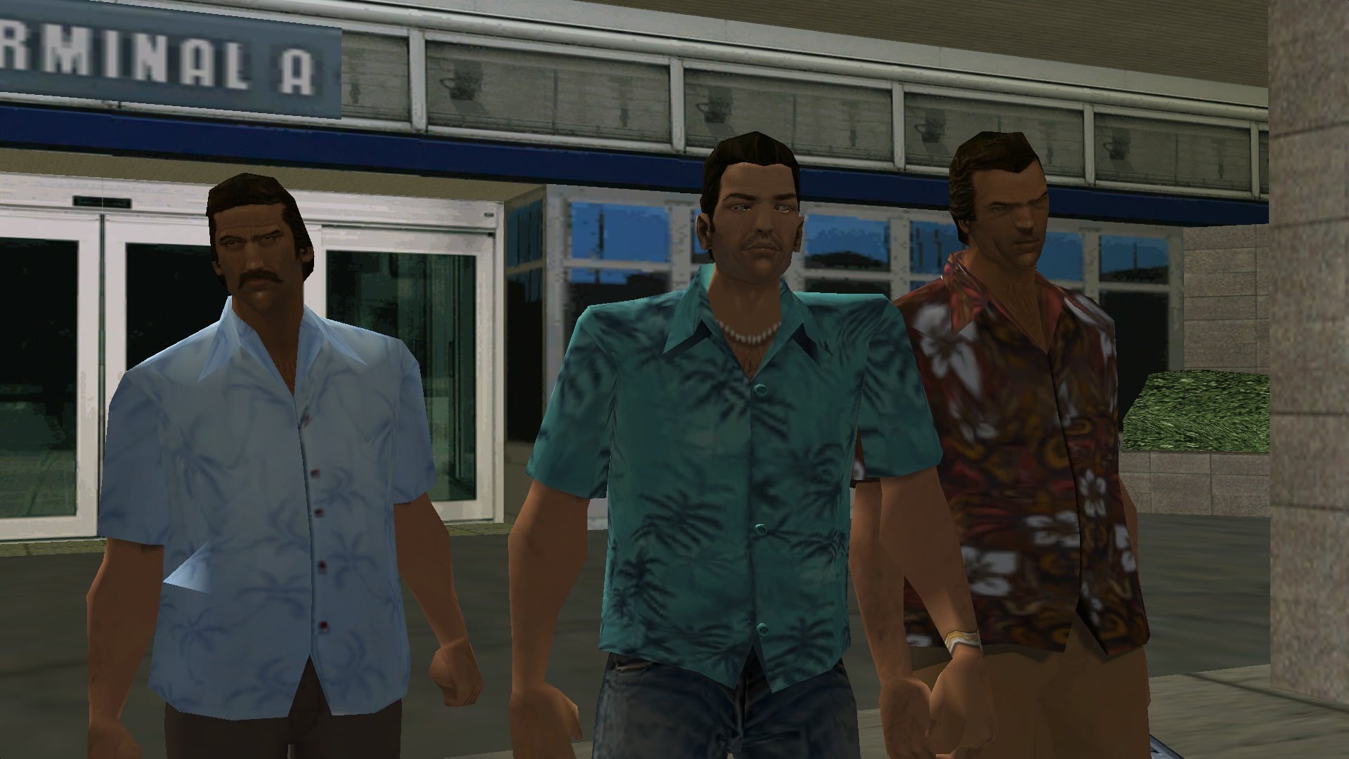 Tommy Vercetti arrives in Vice City with Harry and Lee.