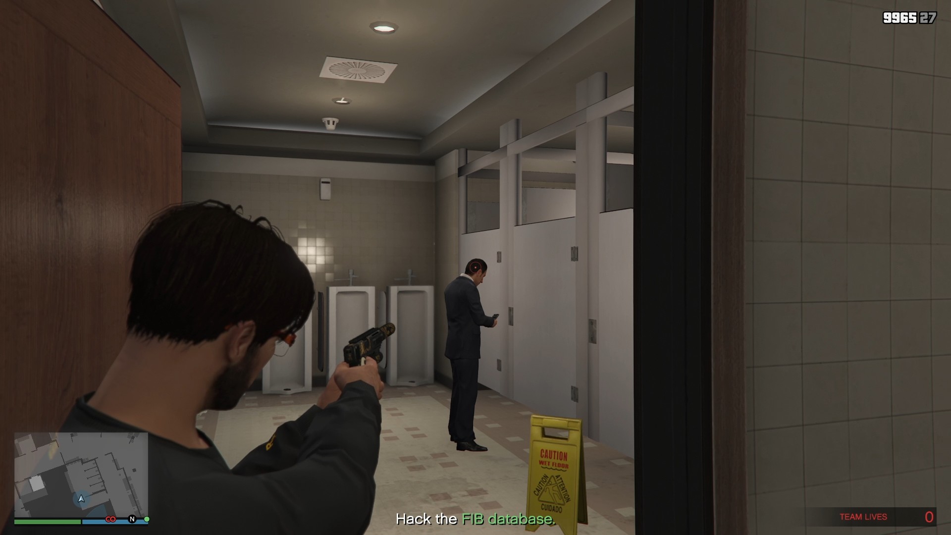 The unsuspecting agent inside the bathroom.