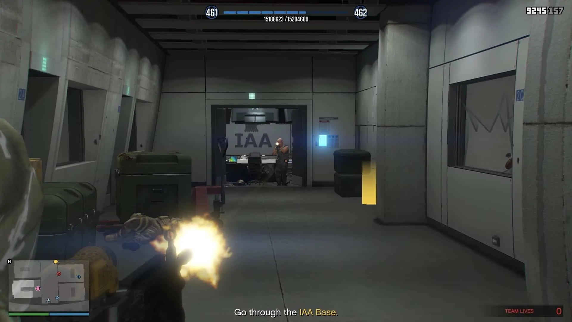 Soldiers coming through the double door at the end of the hallway