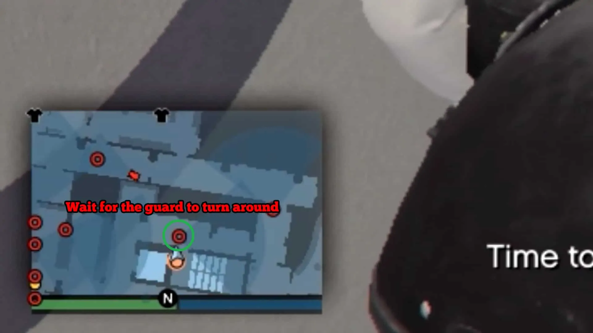 You need to wait for the first guard (the green circle) to turn around so you can exit through the door