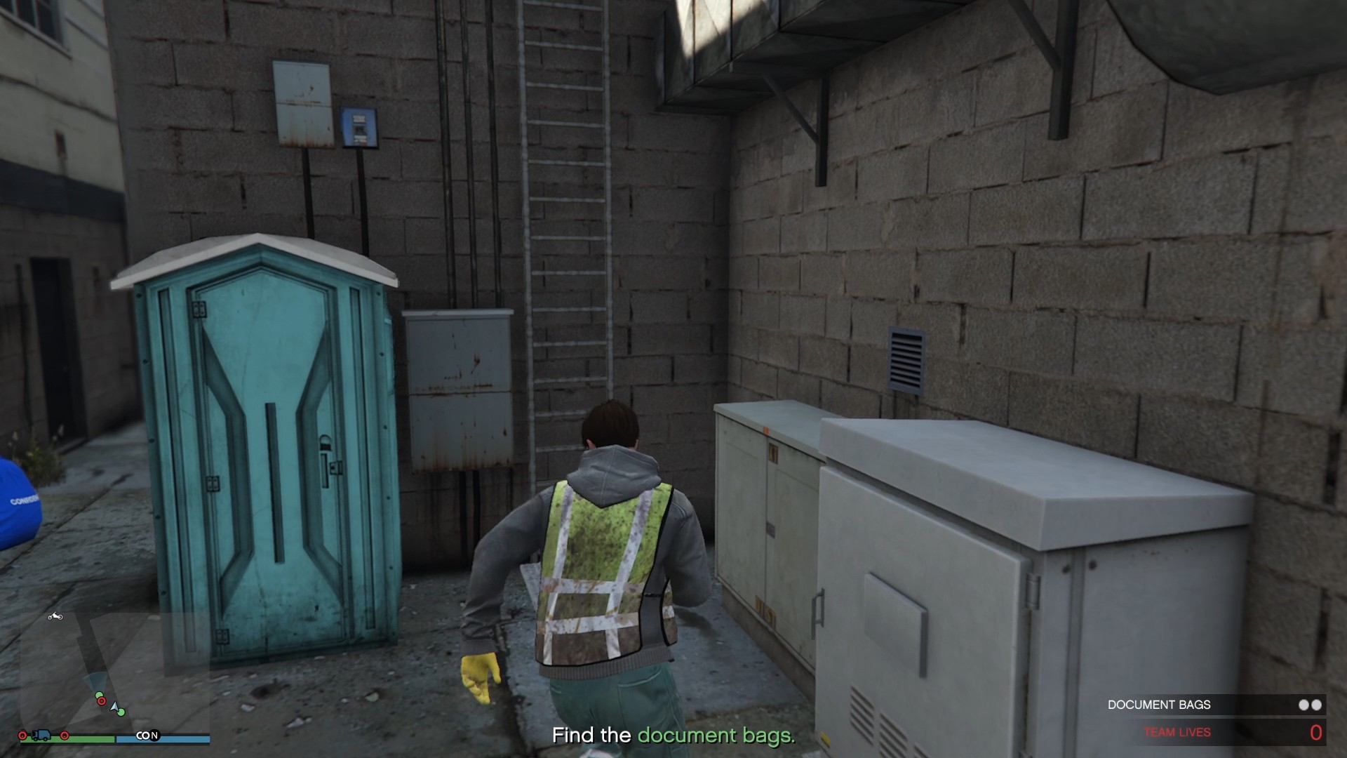 The ladder at the end of the alleyway.