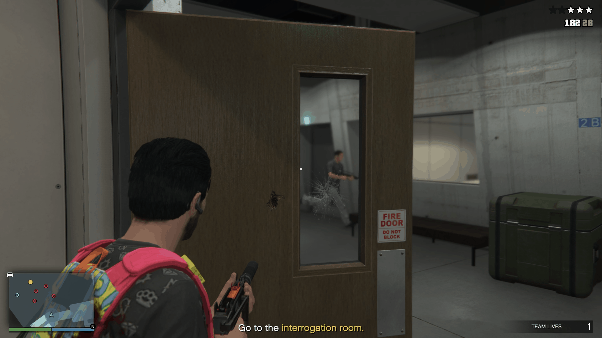 Using the door as cover at the top of the stairs