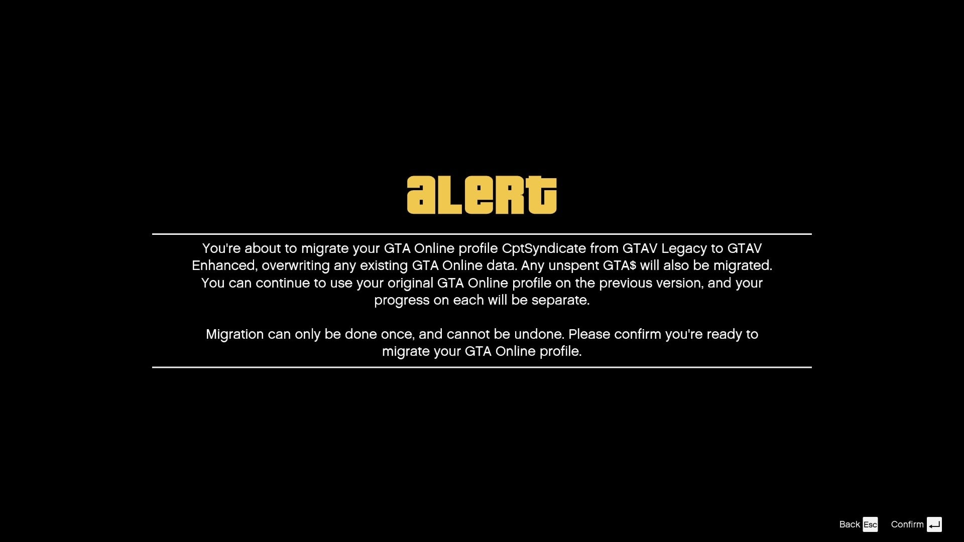 GTA Online Enhanced Migration Alert Screen.