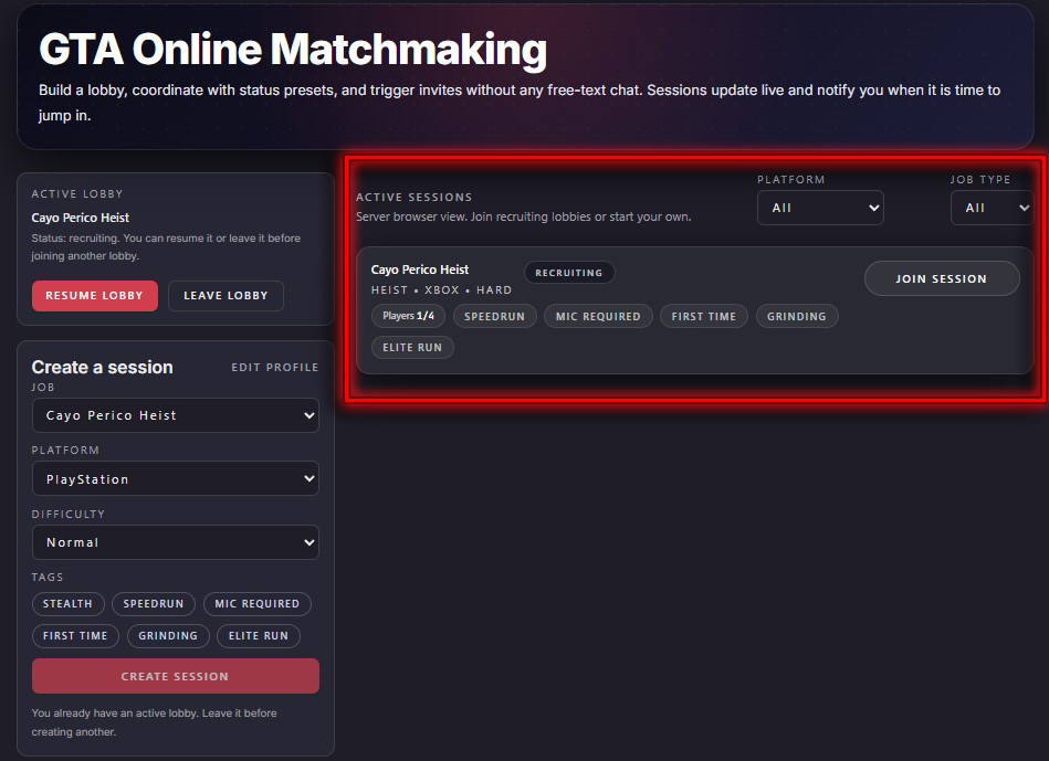 You can find the list of all active sessions under the 'Active Sessions' section. You can also filter using job and platform type.