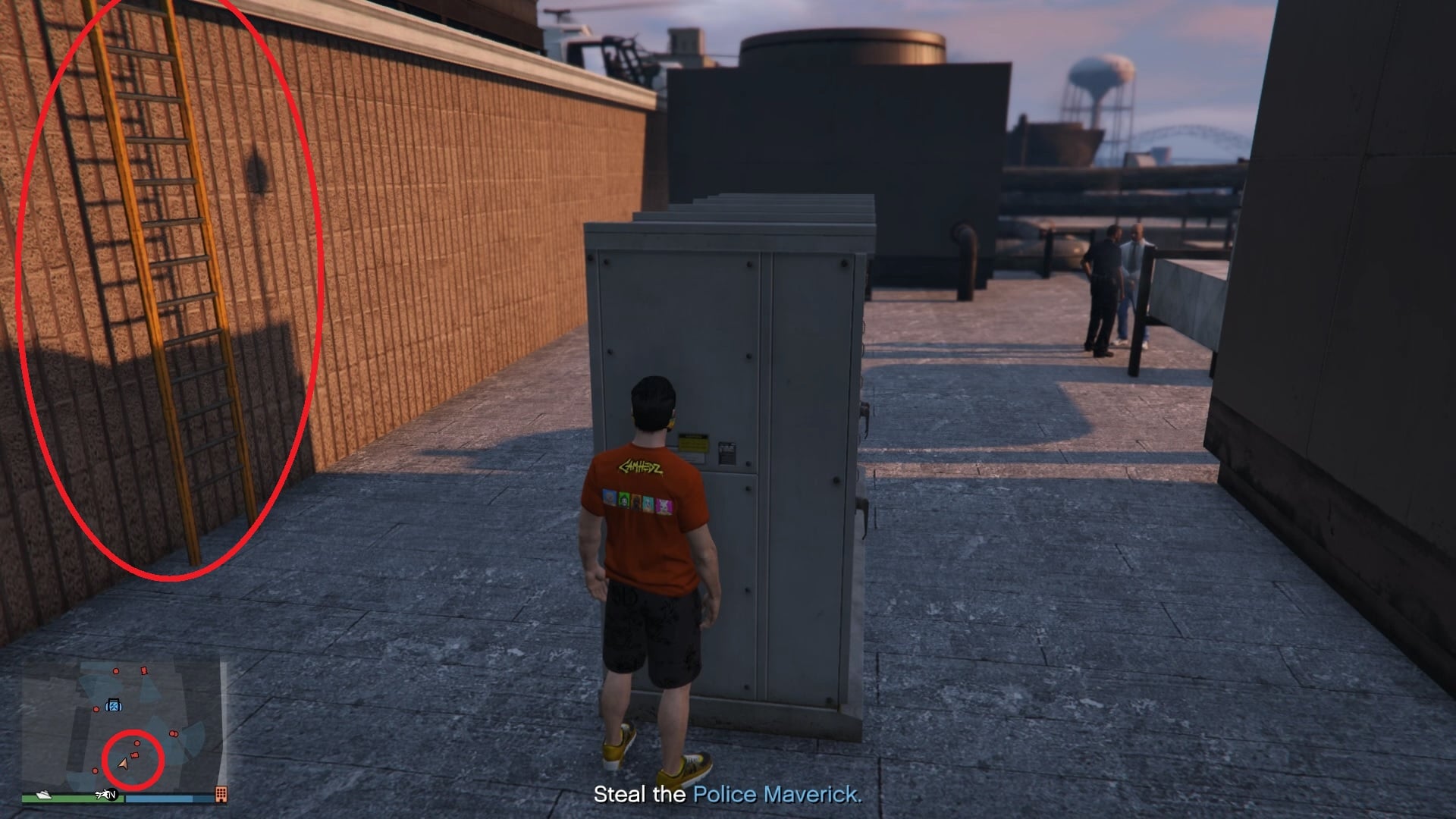 Wait for the camera to look away, then climb the ladder on your left.