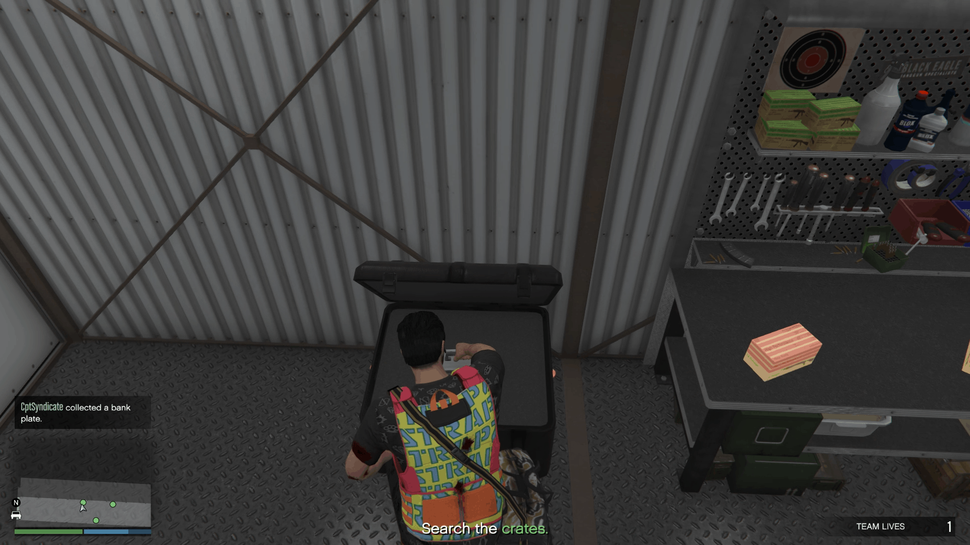 Stealing the bank plates from one of the four crates