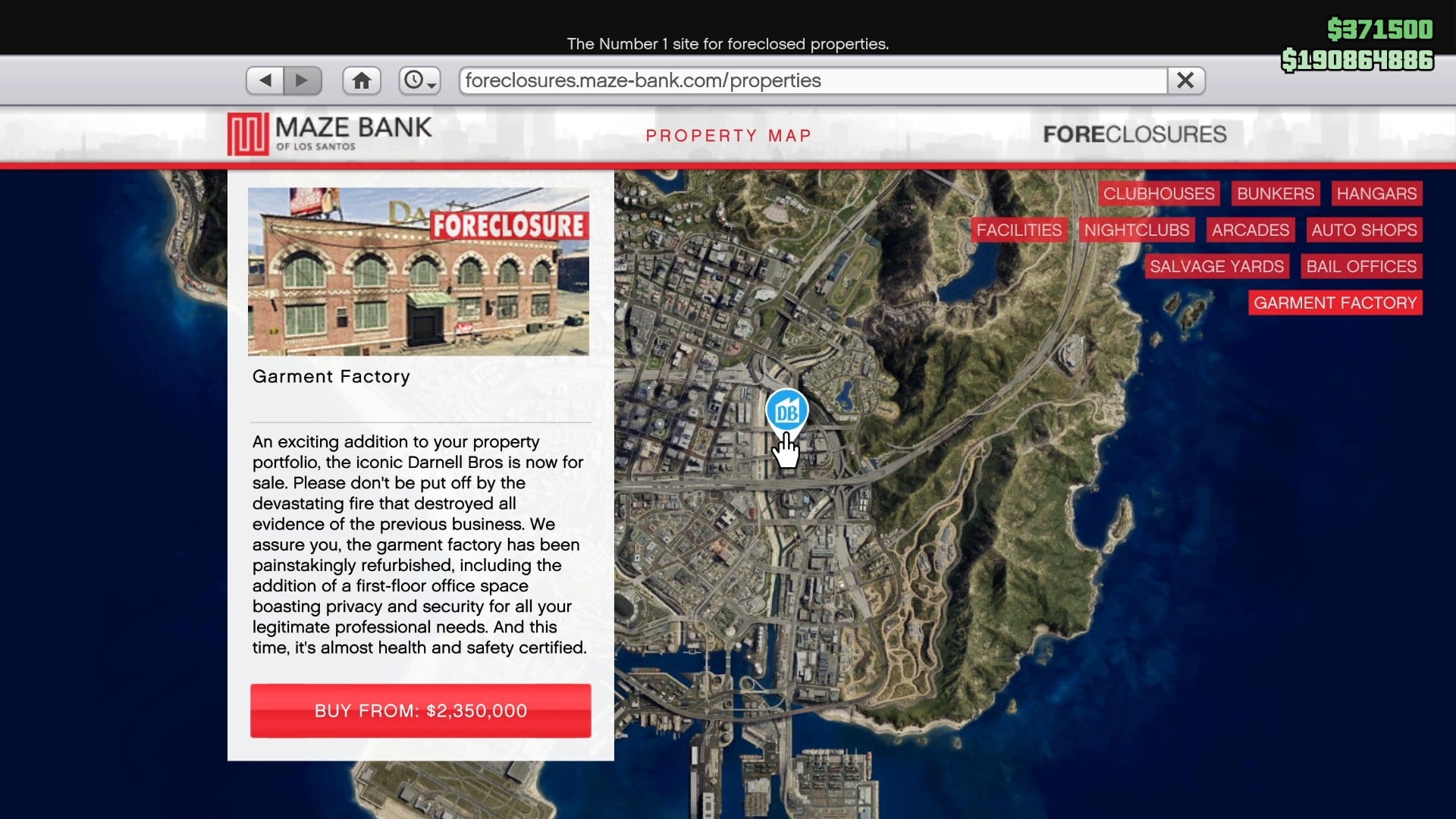 Darnell Bros. Garment Factory for sale on the Foreclosures Maze Bank website in GTA Online.