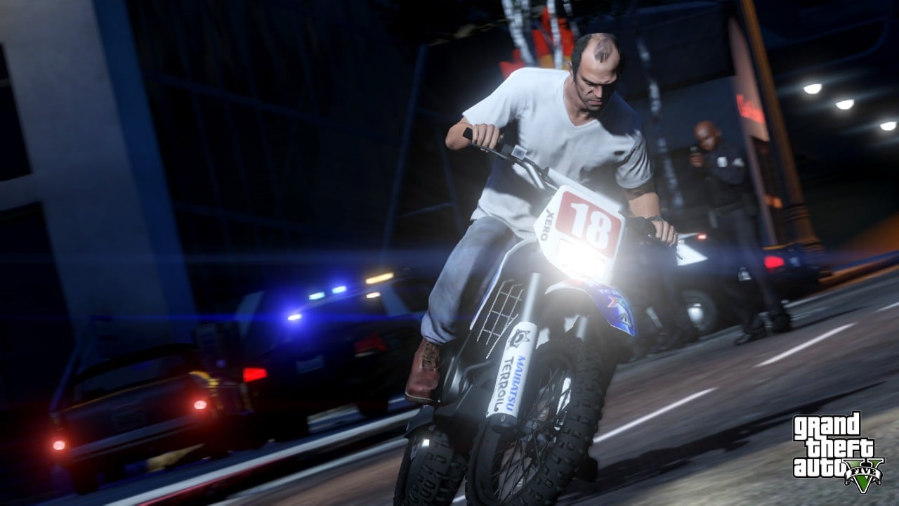The official screenshot shared by Rockstar Games shows Trevor riding a dirt bike.