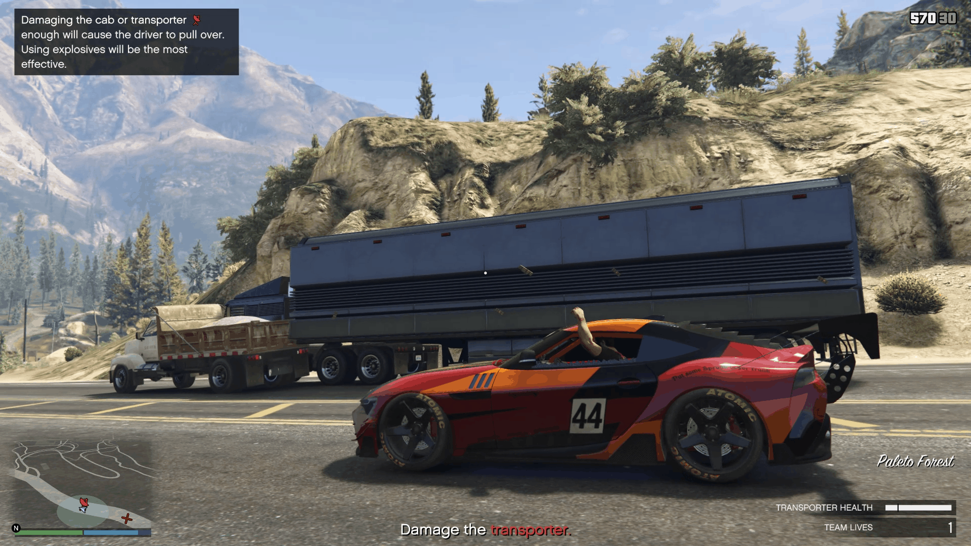 Throwing sticky bombs on the transporter