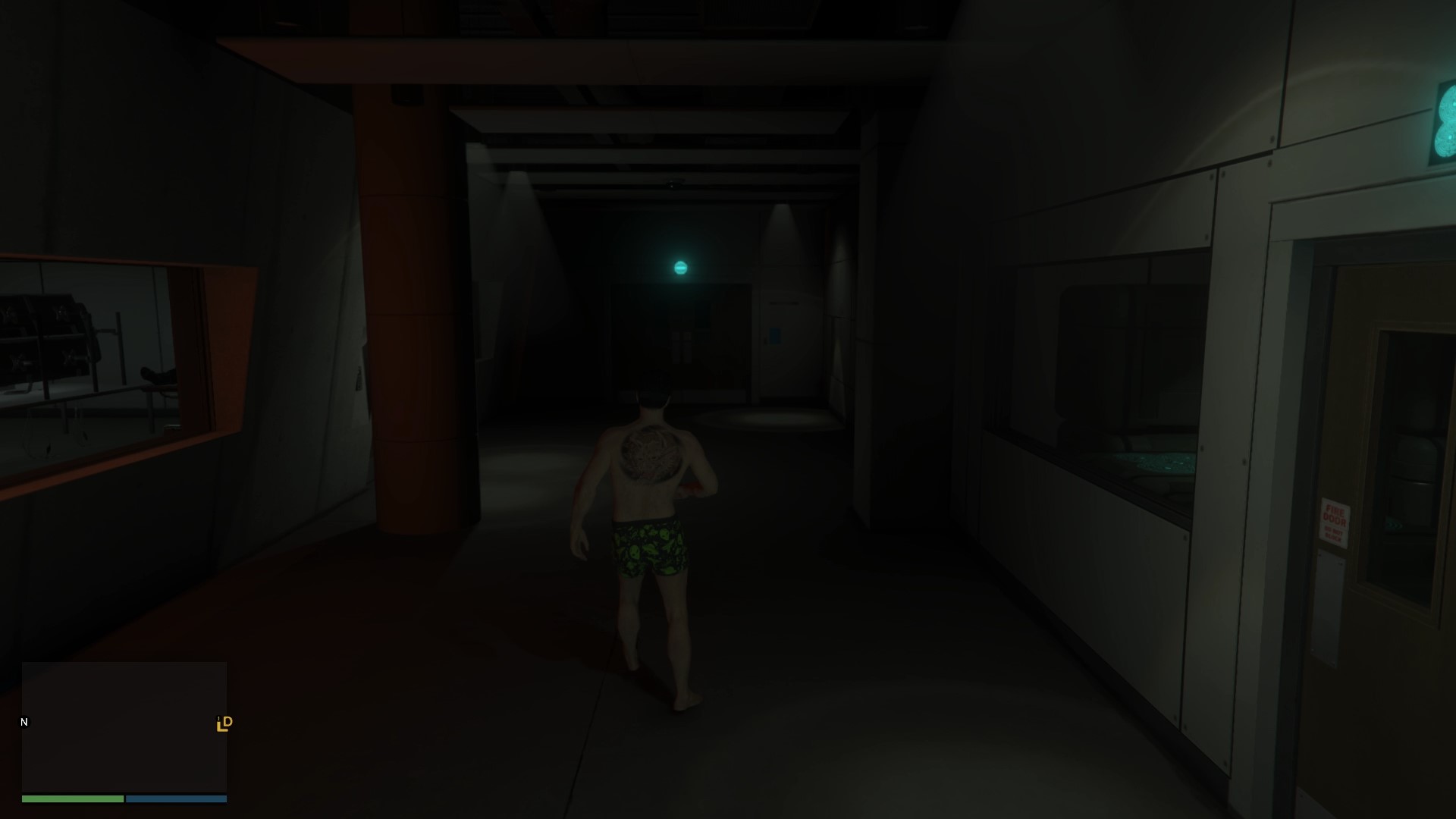 "Globe" logo room with the operating table where you wake up after you get abducted.