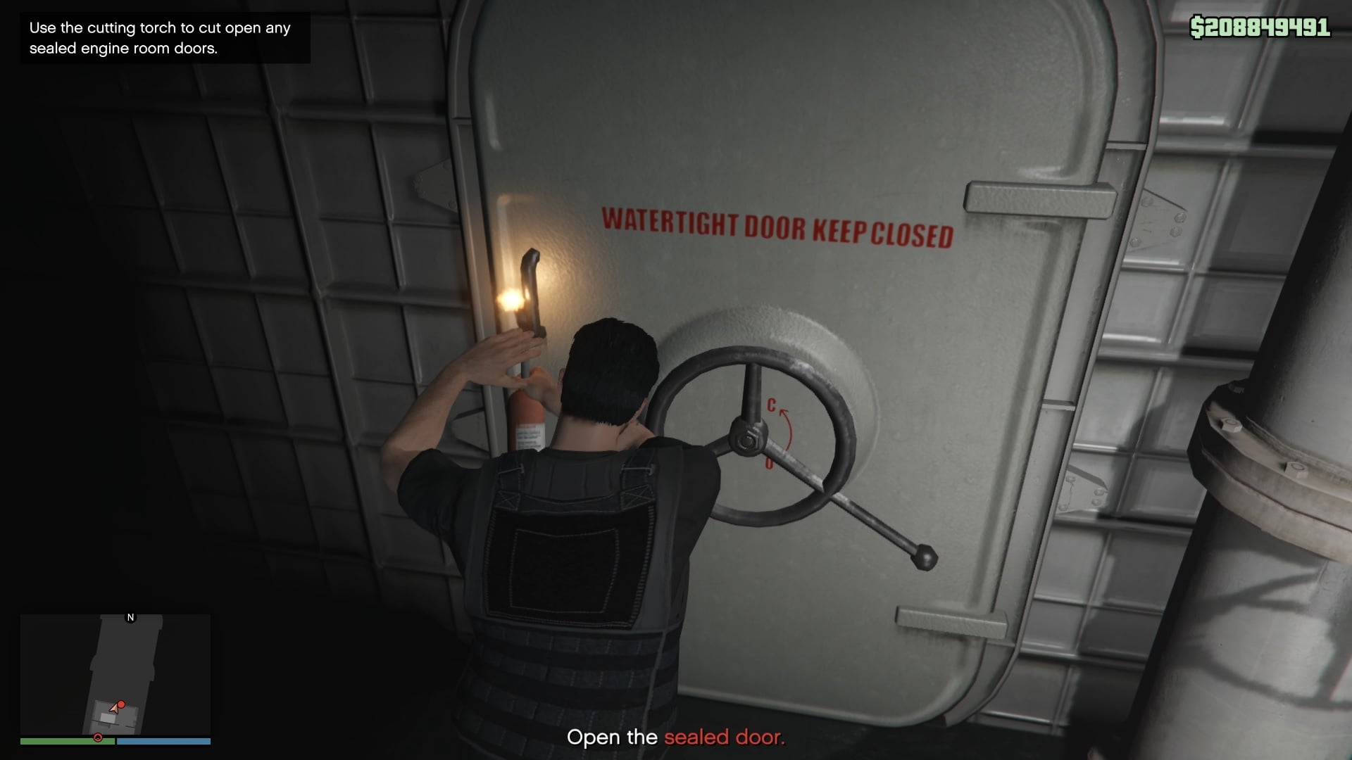 Opening the sealed door to the engine room with the navigation systems.