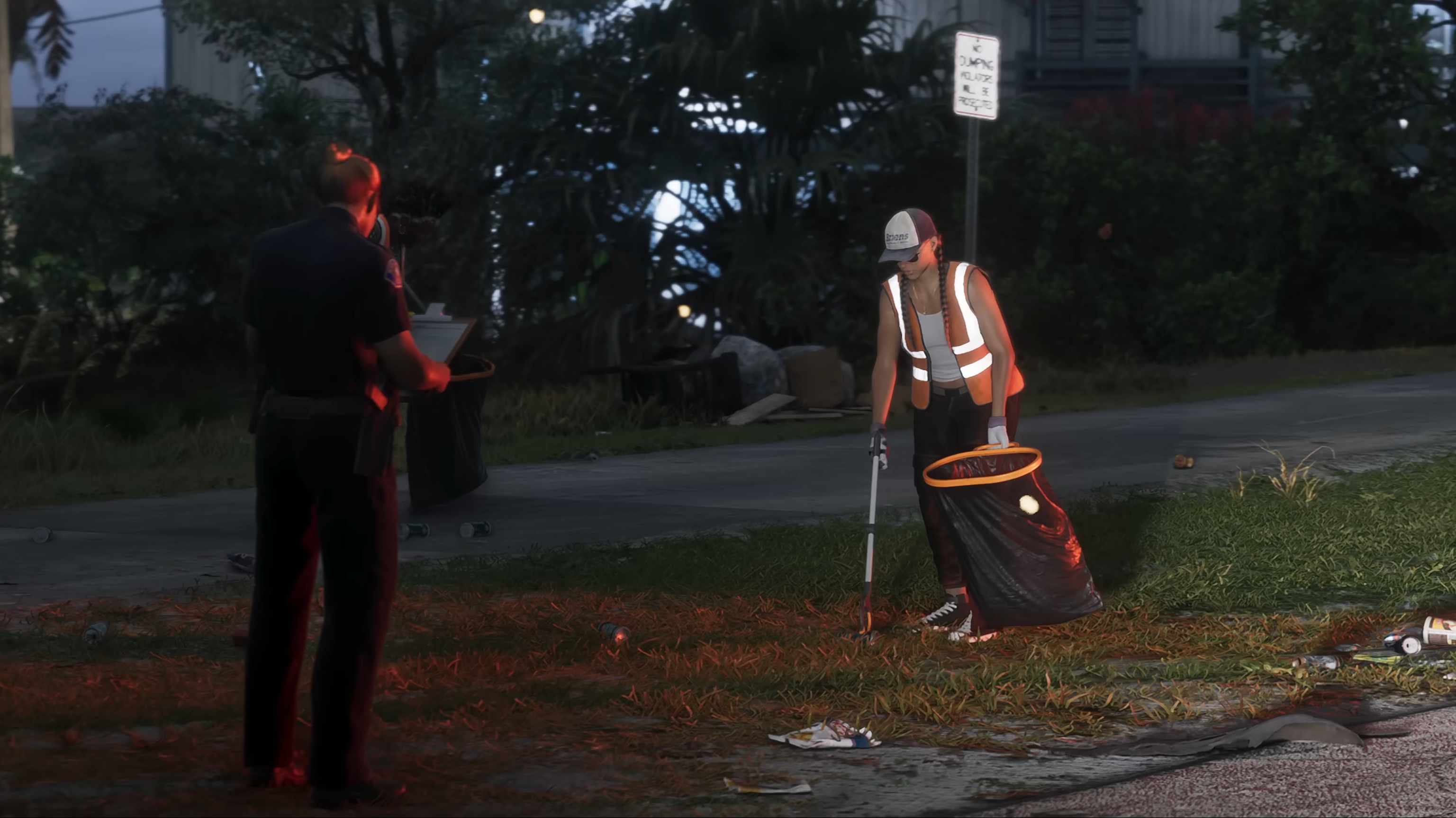 Lucia performing community service under the supervision of patrol officers from the Leonida Department of Corrections.