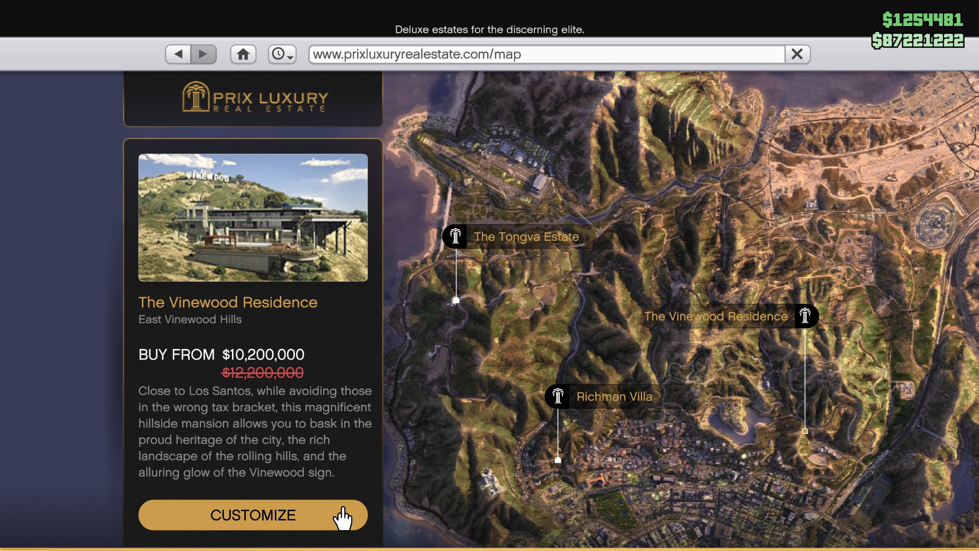 The Prix Luxury Real Estate in-game website.