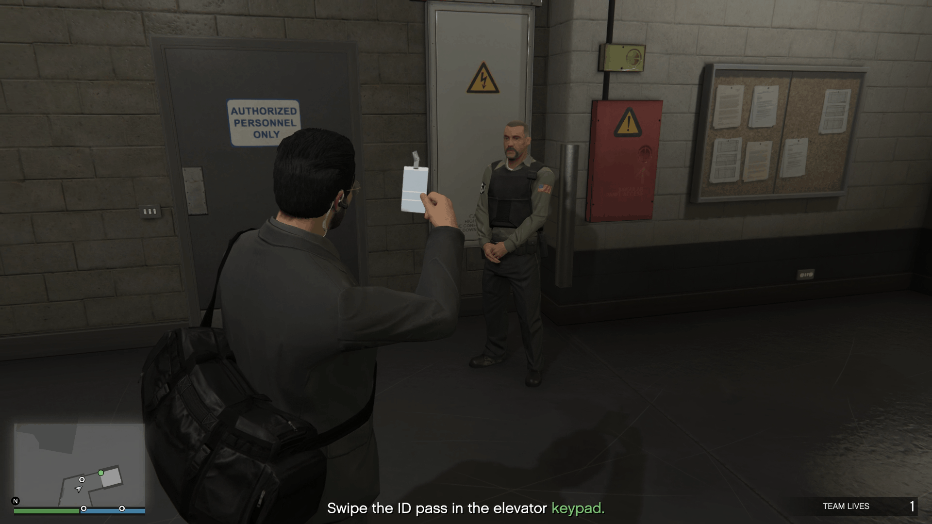 Showing the ID badge to the guard