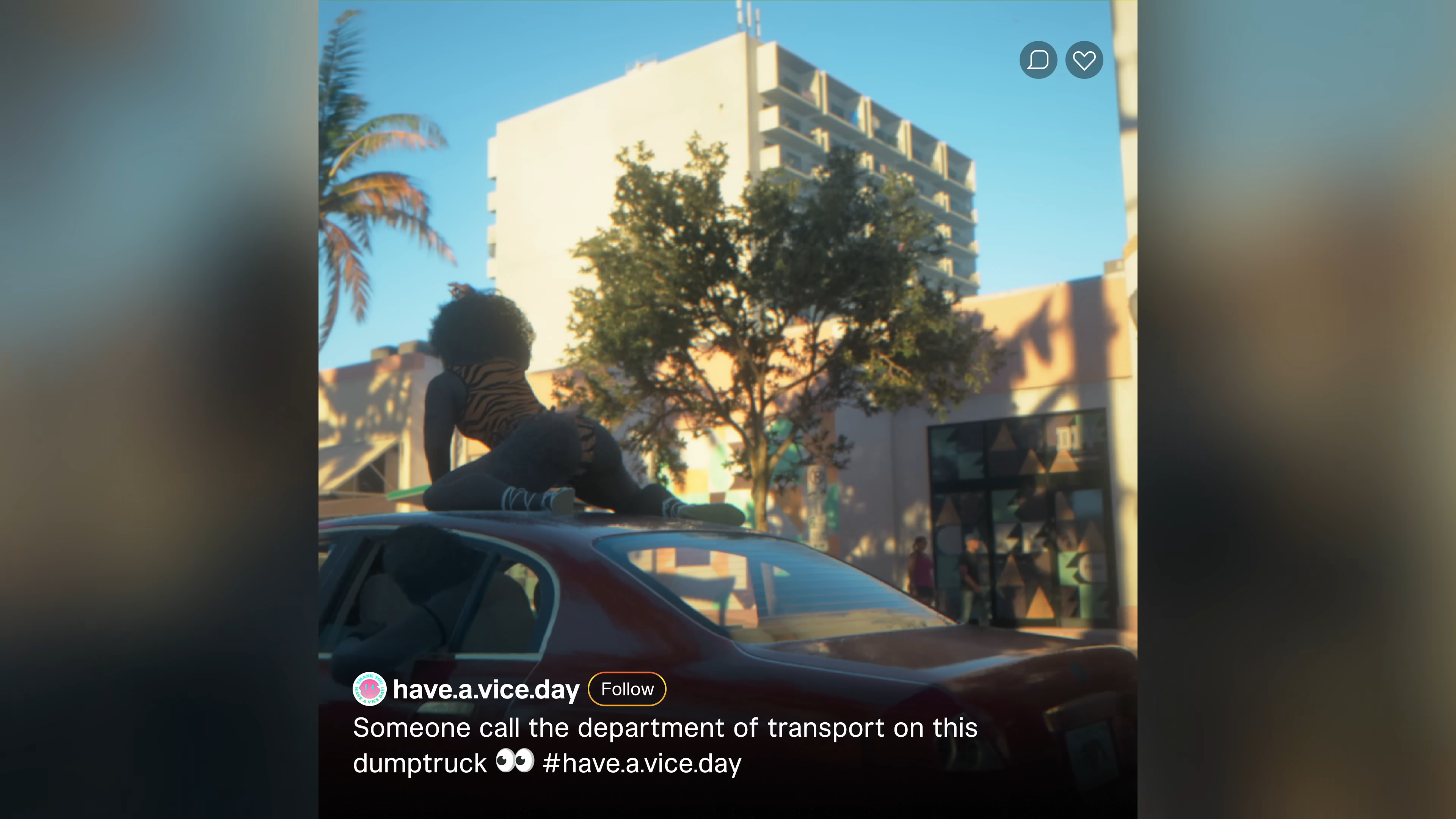 A person twerking on top of a Red Karin Intruder as seen in the first GTA VI trailer.
