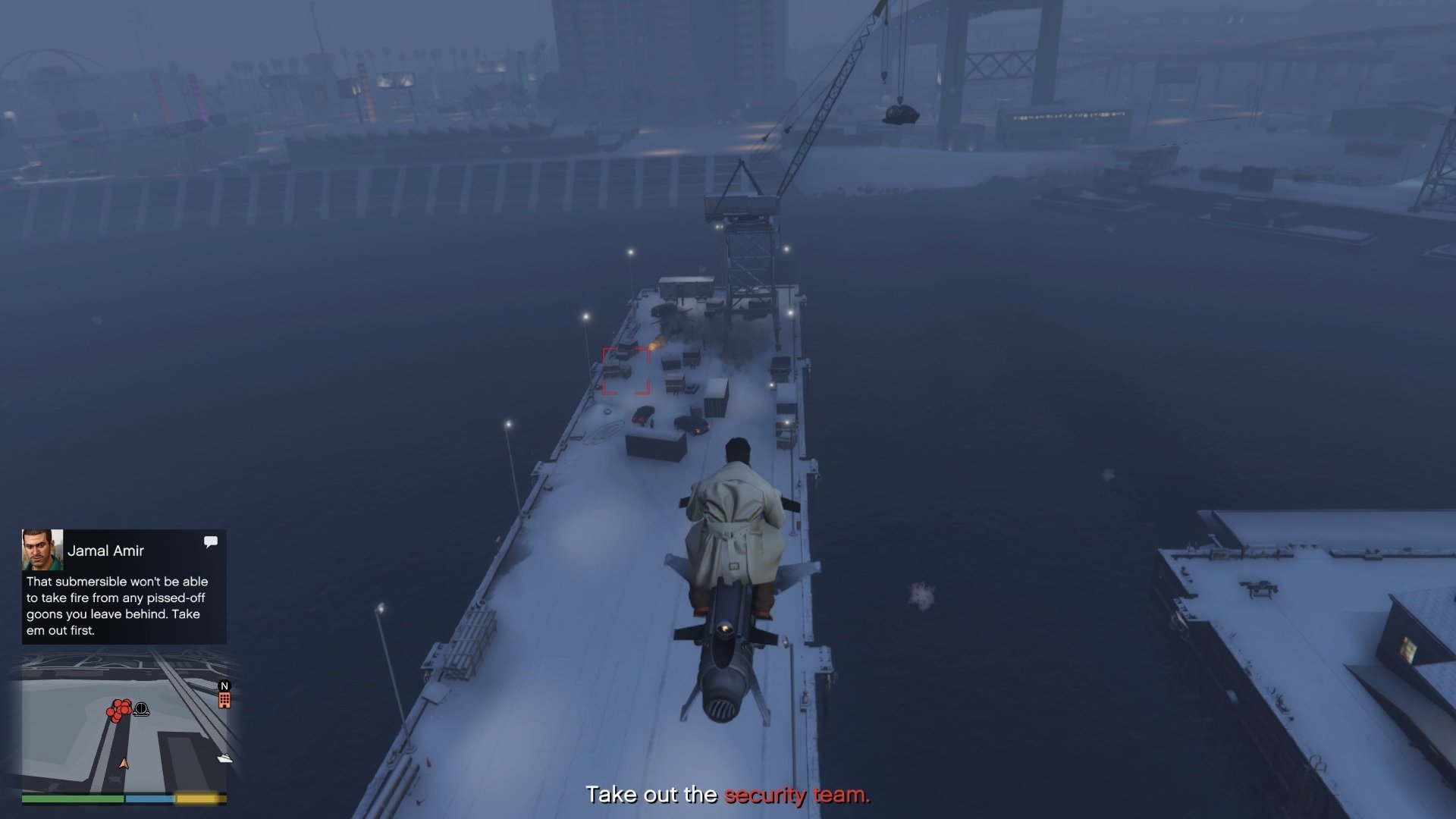 It is best to take out the security team before you go for the submersible.