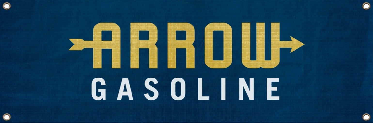 Arrow Gasoline logo on a garage banner added as part of the LS Tuners update.