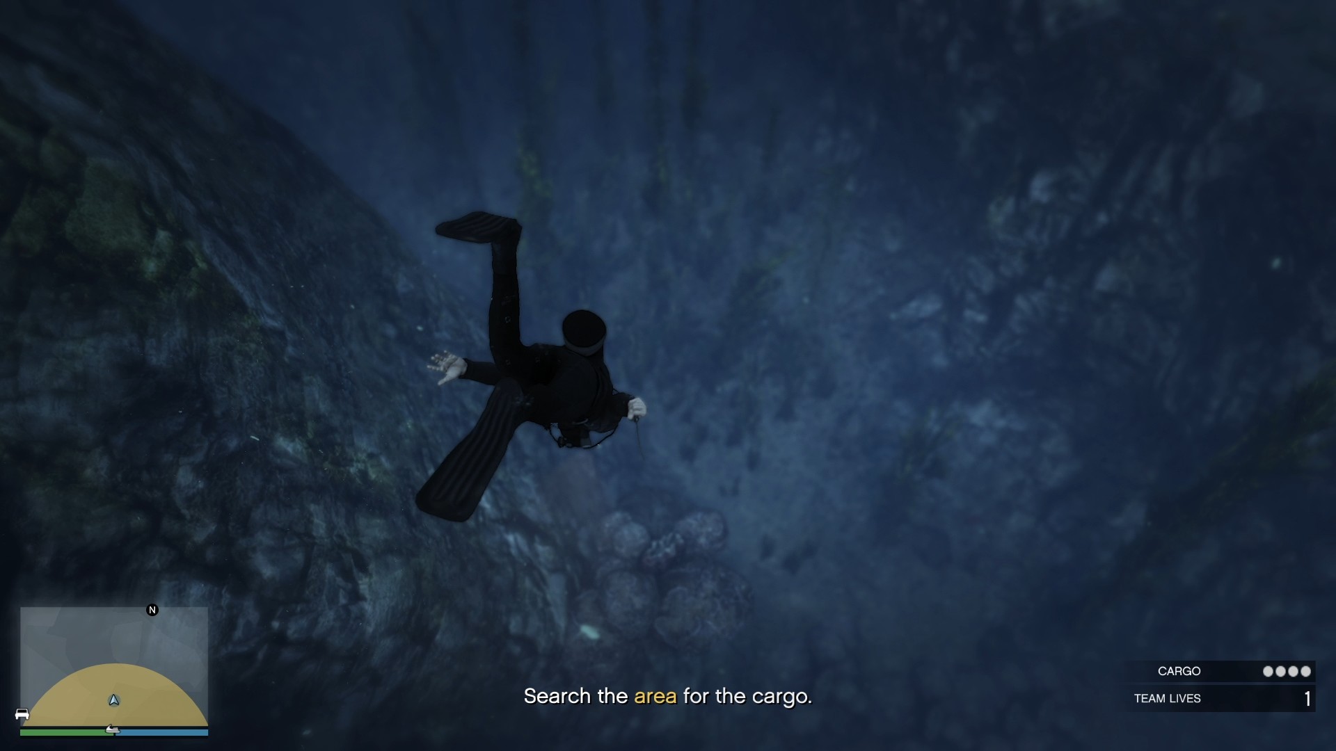 Swimming to the northern seabed area of the yellow highlighted zone.