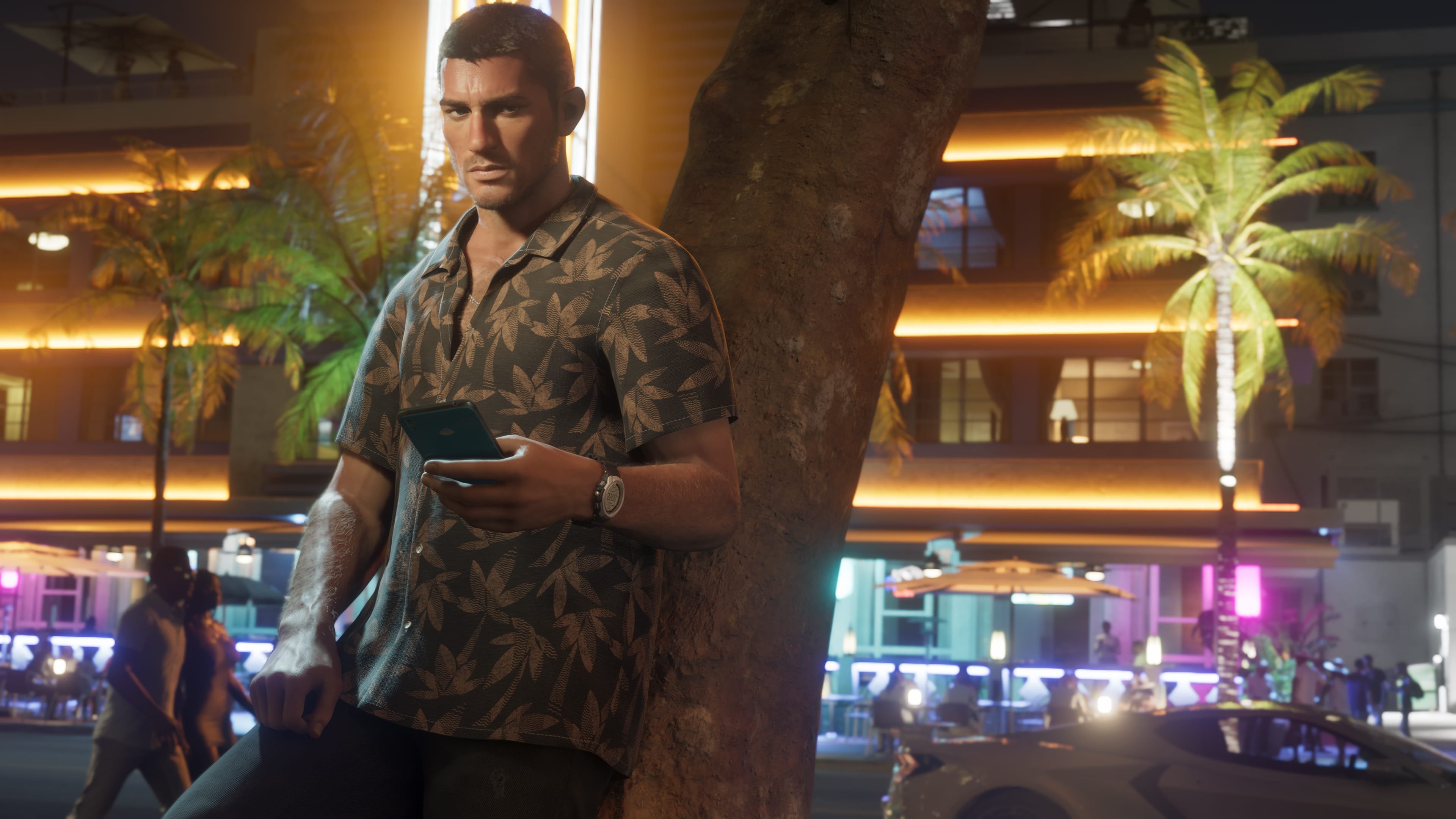 Jason Duval outside of Ocean View Hotel wearing a shirt similar to Tommy Vercetti.