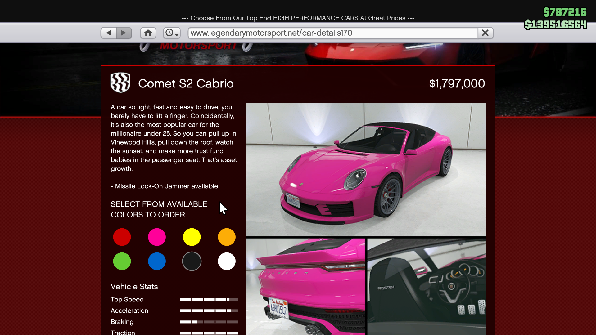 Pfister Comet S2 Cabrio on sale on the Legendary Motorsport website in GTA Online.