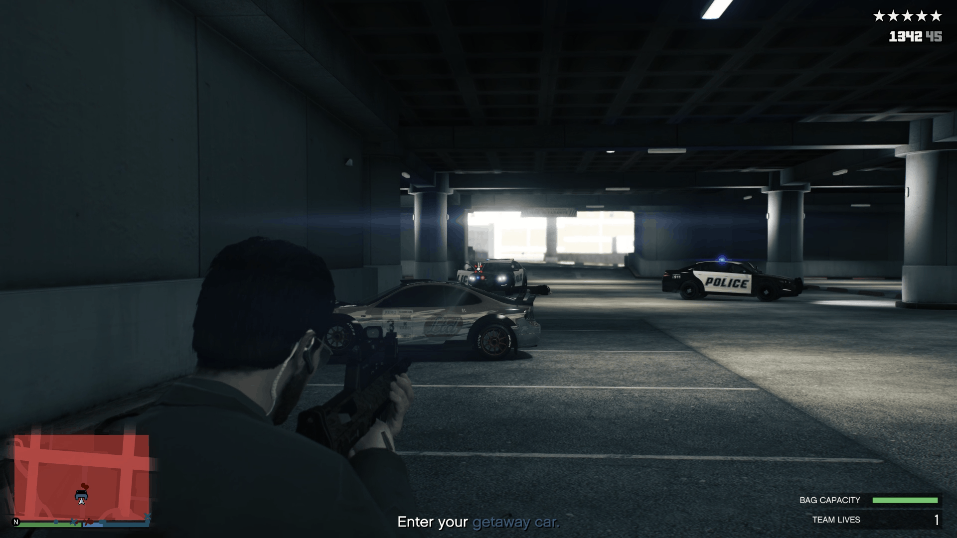 Getaway vehicle and two more cop cars show up