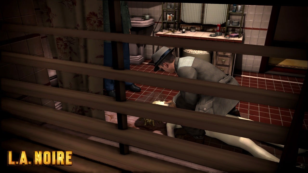 Official L.A. Noire screenshot showing Cole Phelps inspecting a dead body.