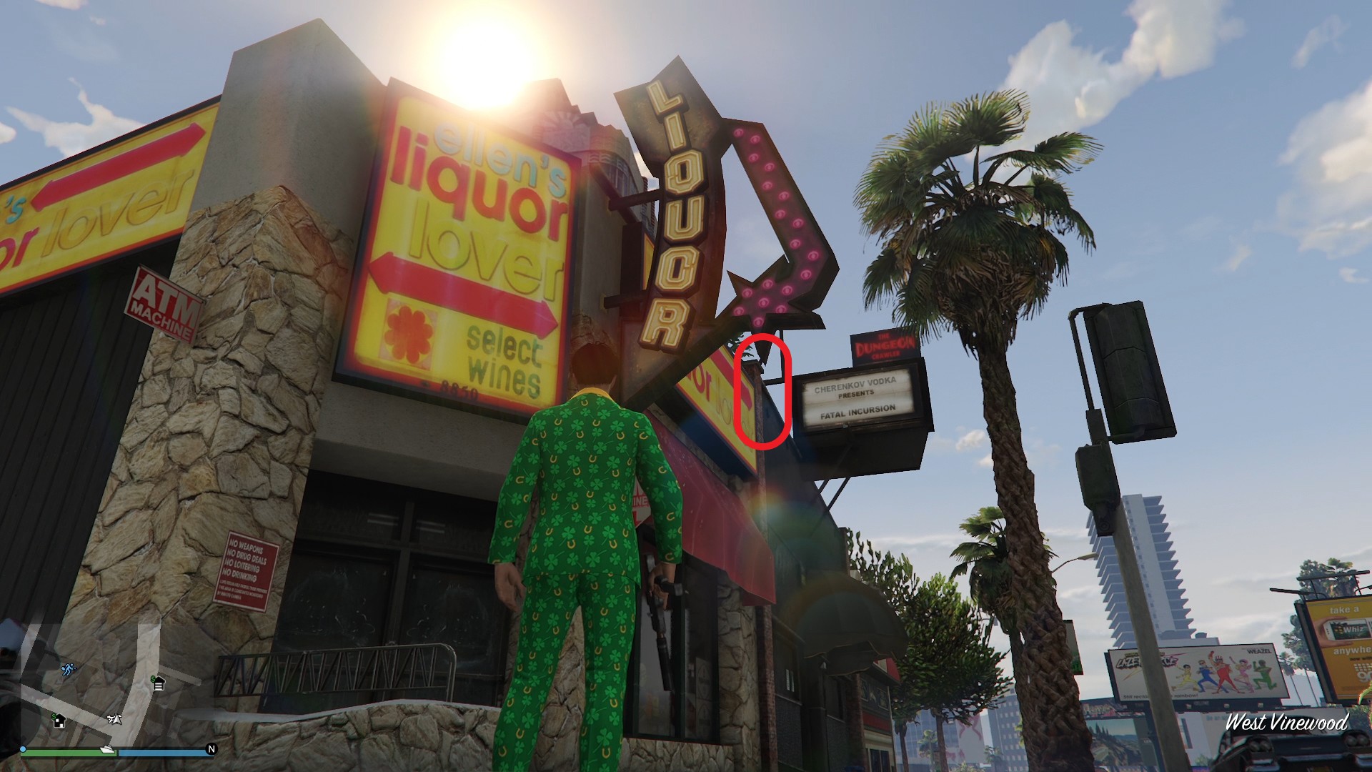 The golden clover will be hanging on the base of the large Liquor neon sign outside Ellen's Liquor Lover store in West Vinewood.