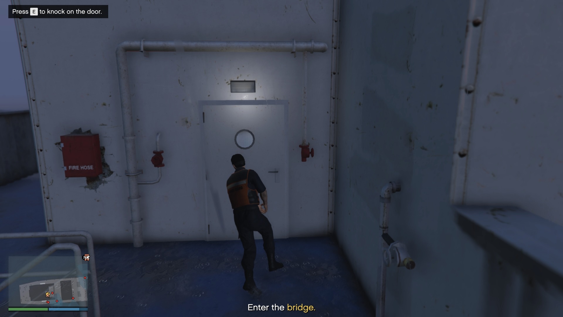 Interact with the door to knock on the door.