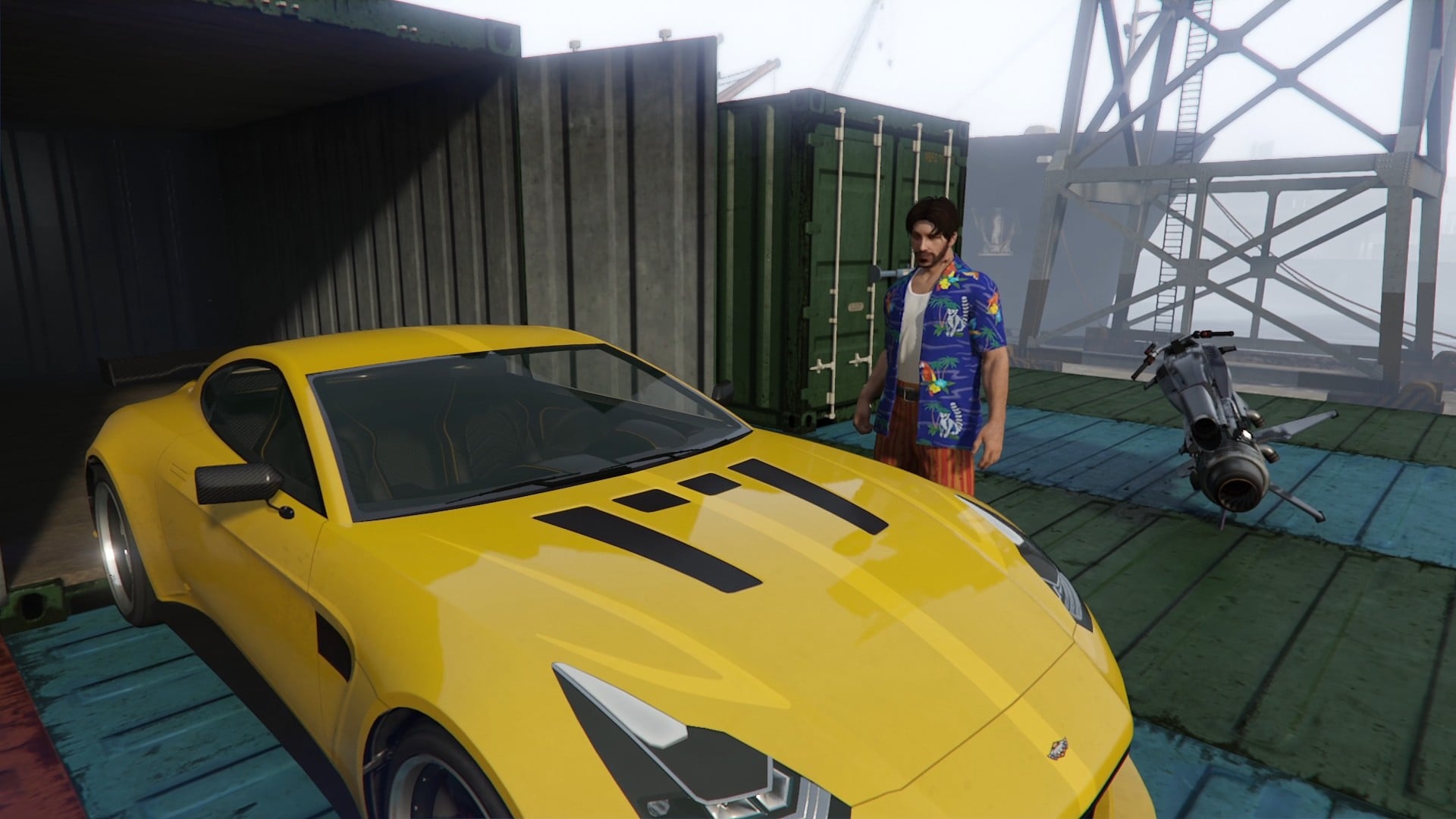 Stealing the car from the container.