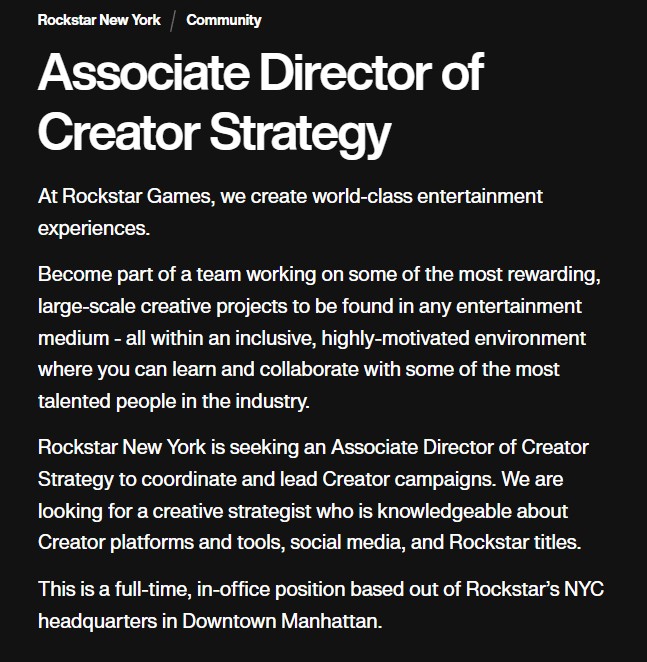 The job posting on the official Rockstar Games website.
