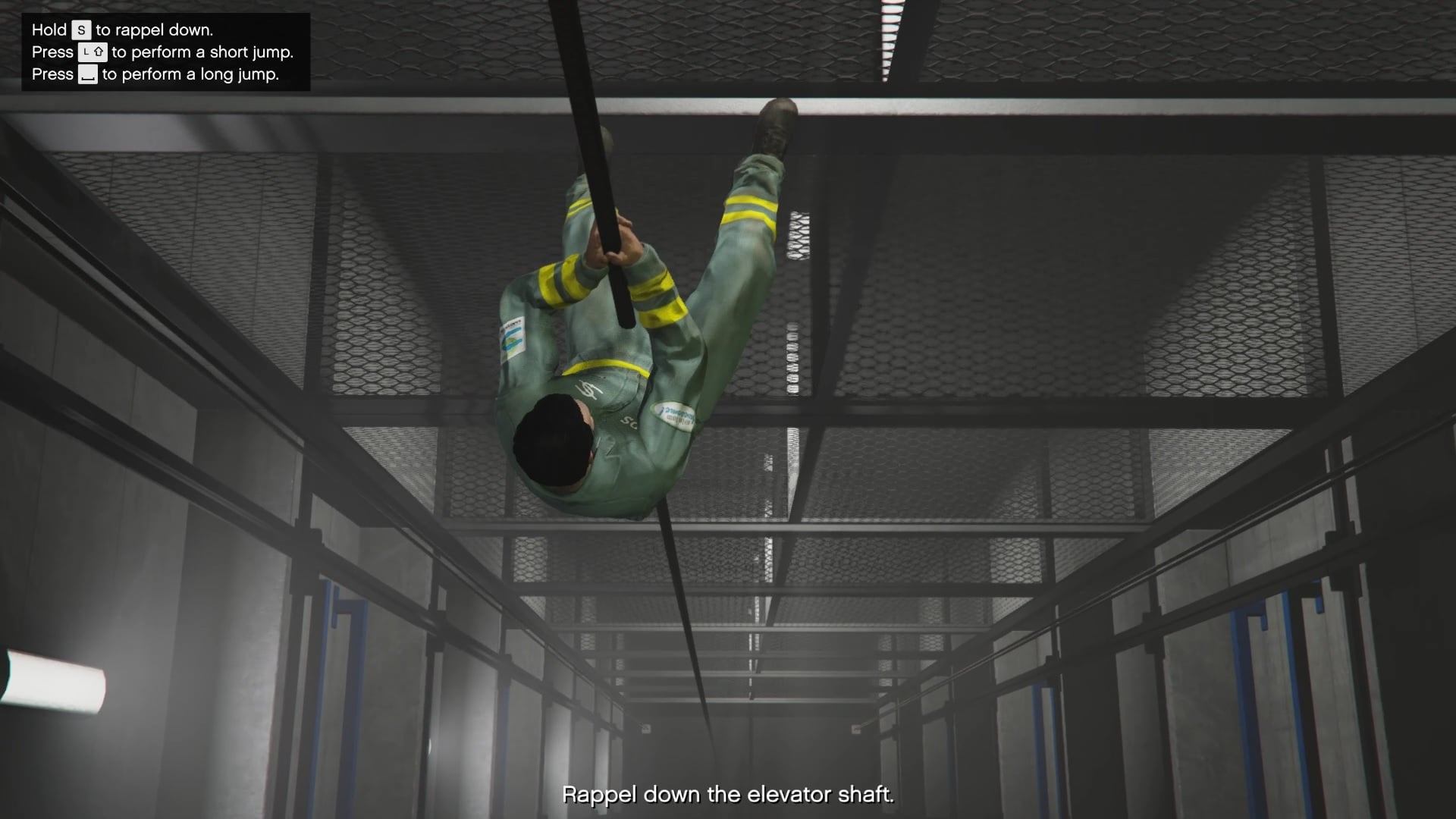 Rappelling down the elevator shaft.