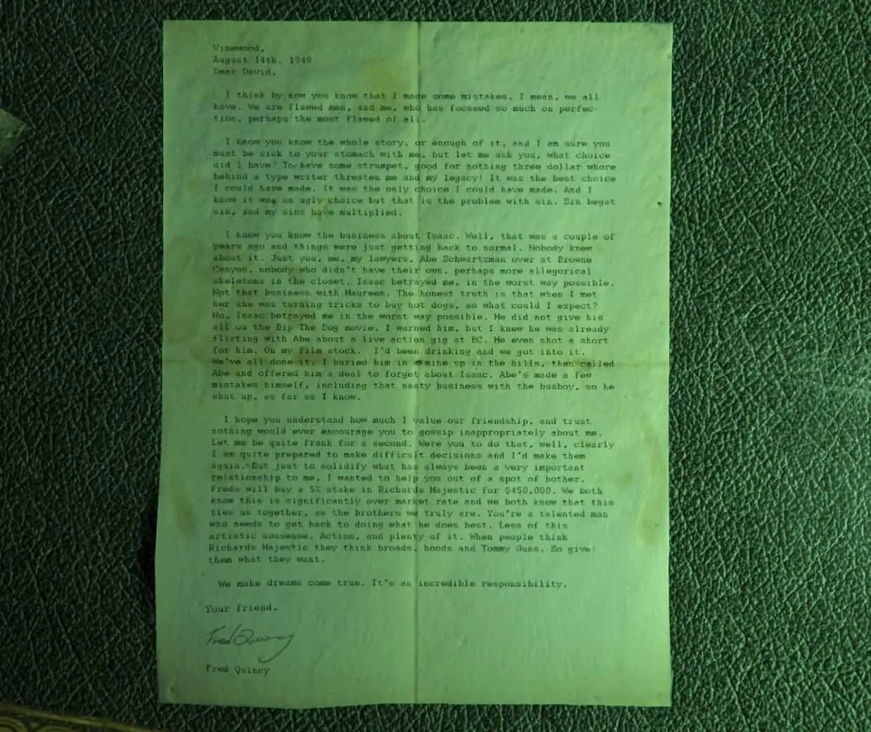 Letter to David Richards by Fred Quincy confessing about the murders he did