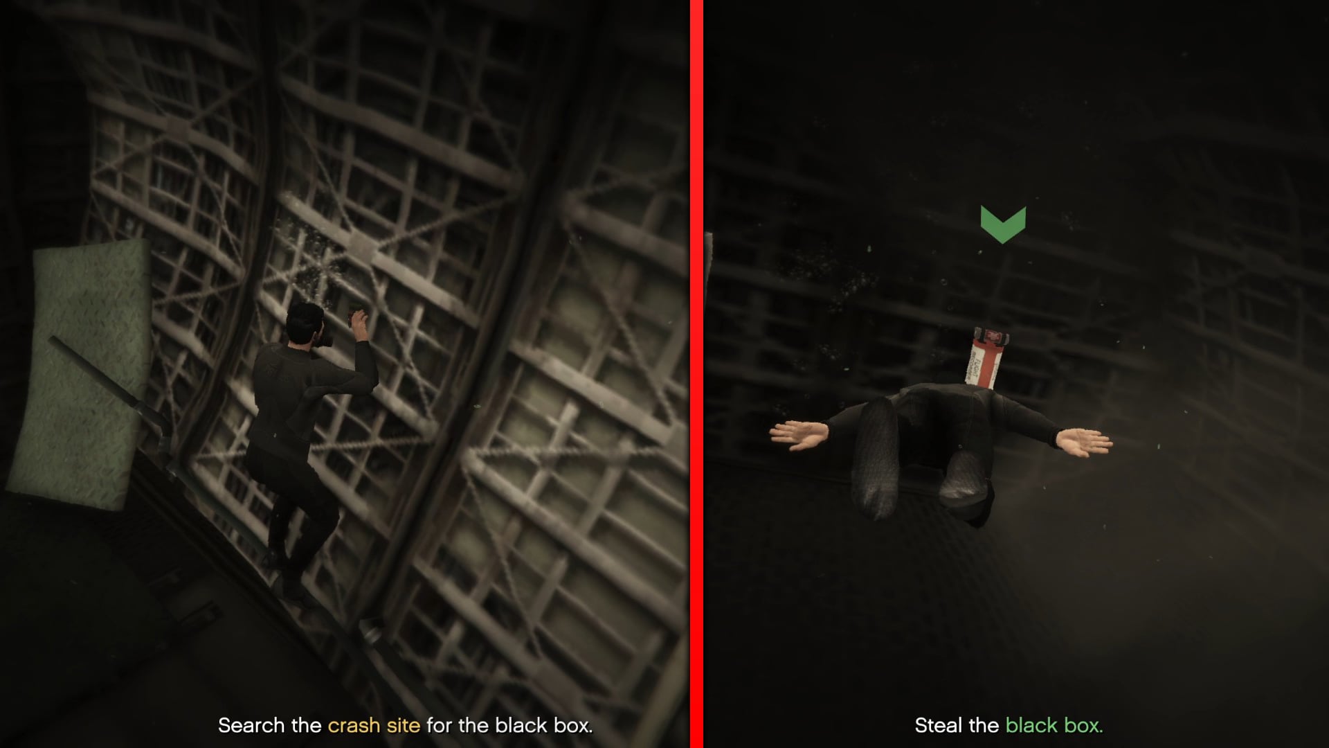 Planting the bomb (left) to open the area with the black box (right).