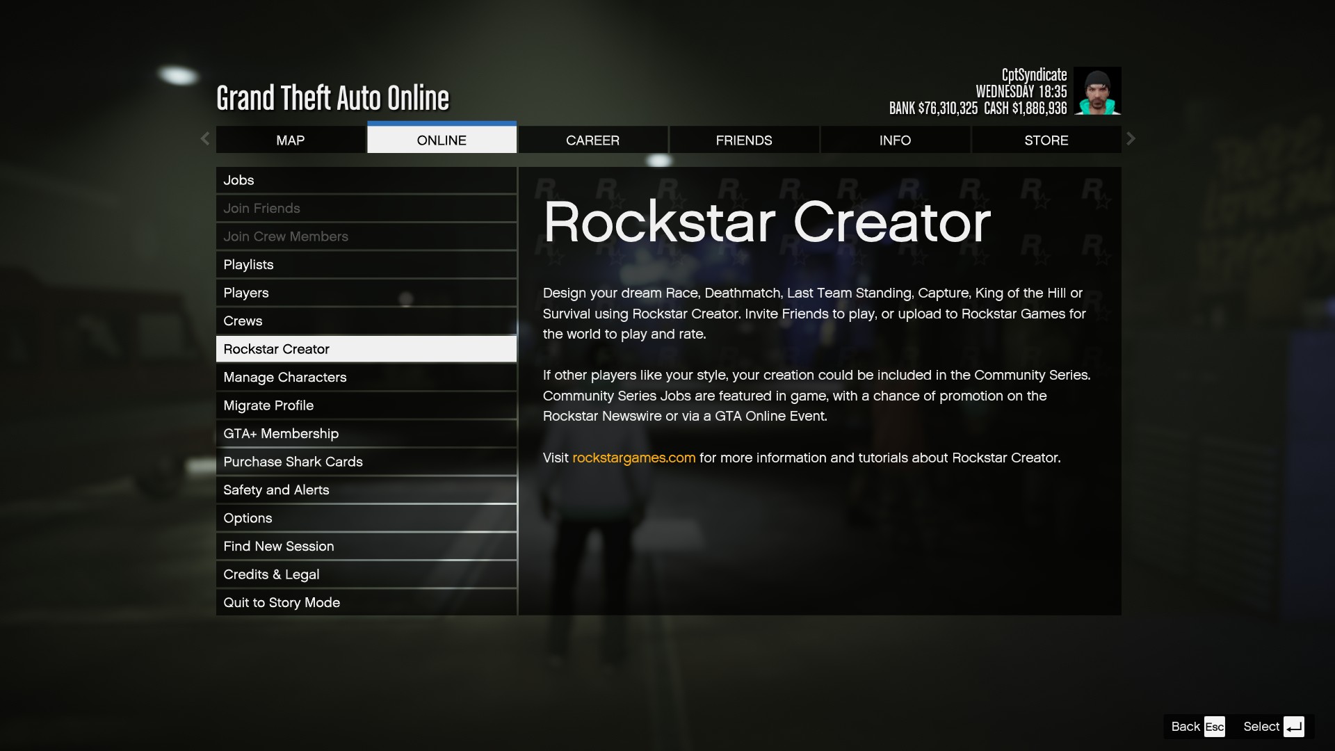 Rockstar Creator option selected, as seen in the Online tab of the Pause Menu.