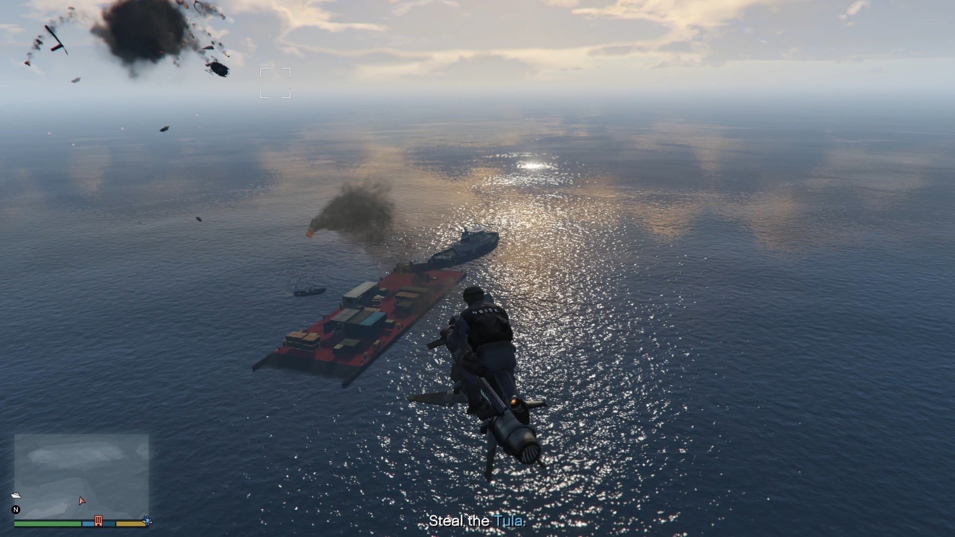 Destroying barge security using the homing missiles from Oppressor Mark II.