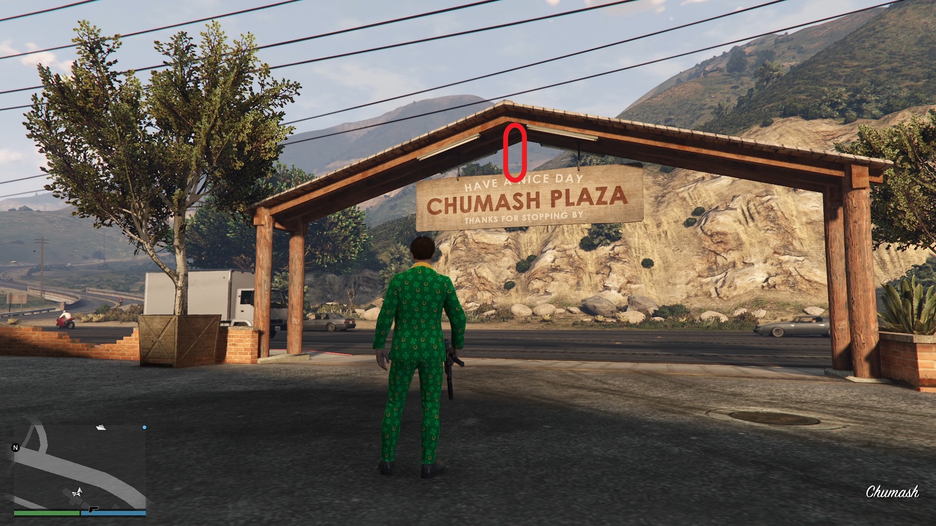 The golden clover will be hanging under the roof of the entrance gate above the Chumash Plaza welcome sign in Chumash.